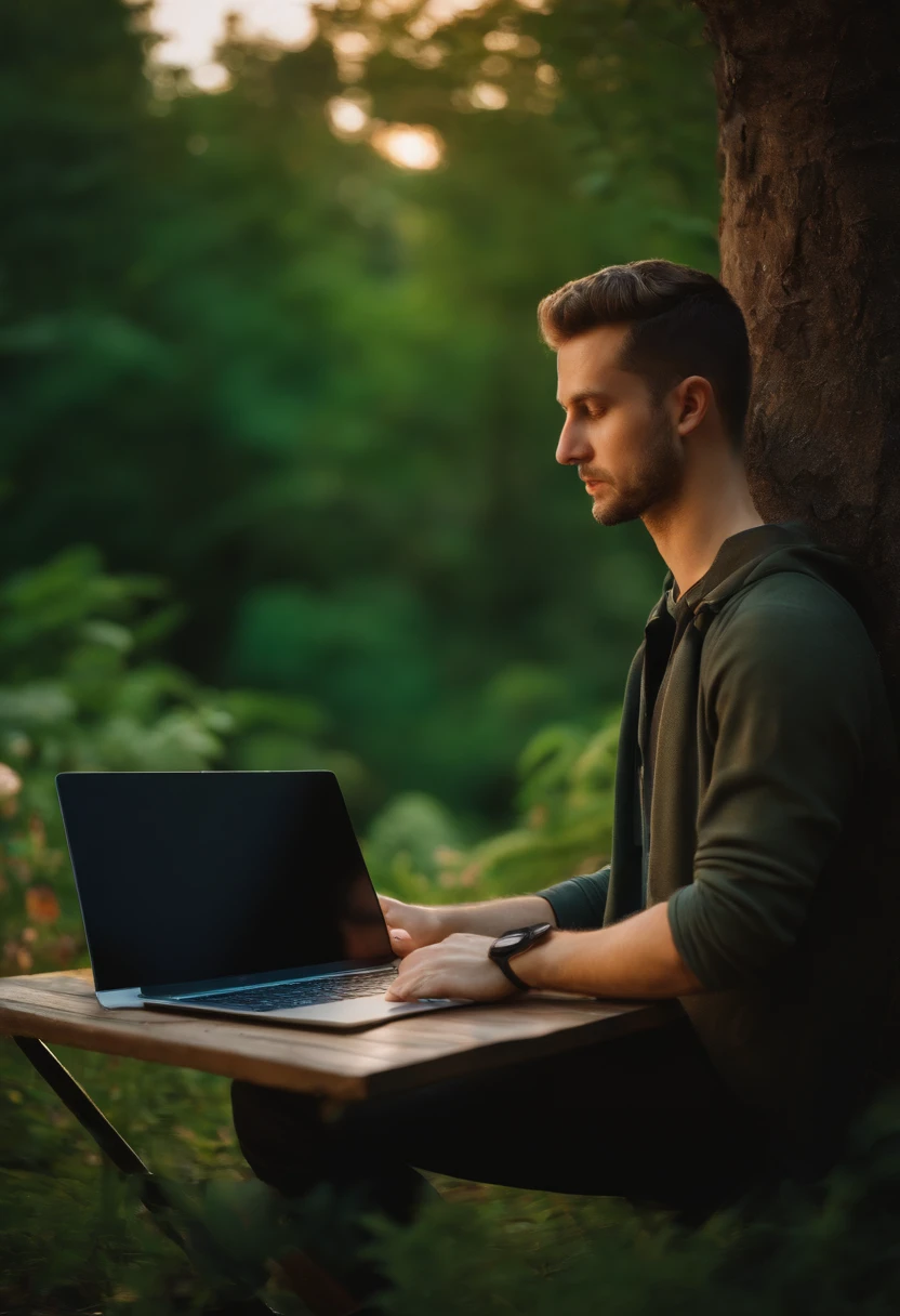 realistic a programmer is coding with a laptop full body visible in a beautiful outdoor setting