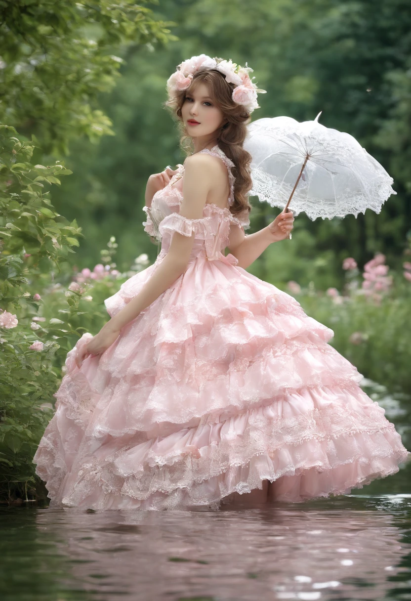 (lingerie:1.3),Pink and white dress, Takanobu Fujiwara(Takanobu Fujiwara)Digital rendering inspired by, pixiv, rococo, Victoria Gothic Lolita Fashion, Lolita Style, , rococo dress, lolita fashion, one-piece,She is swimming in the lake in a dress,petticoat