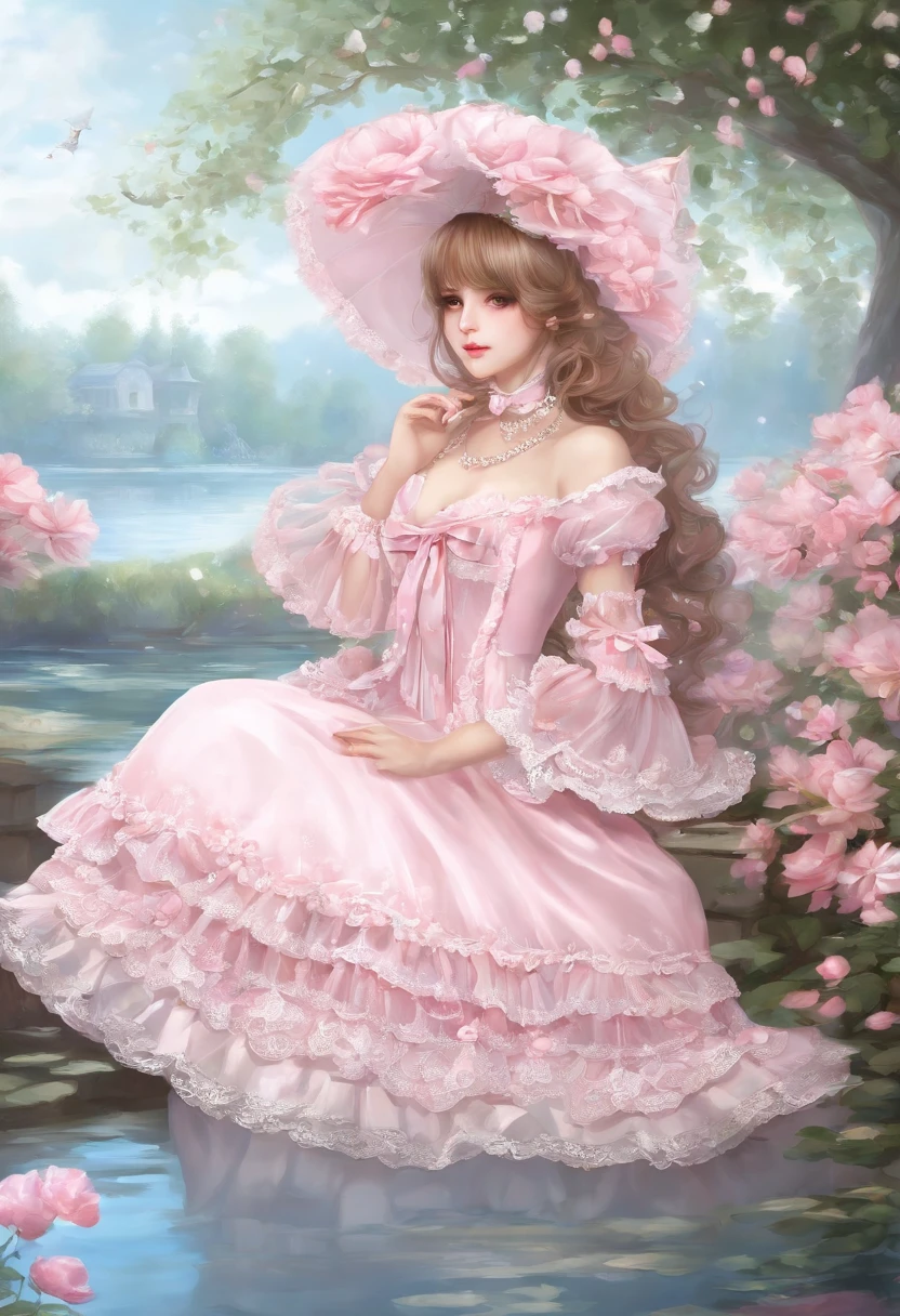 (lingerie:1.3),Pink and white dress, Takanobu Fujiwara(Takanobu Fujiwara)Digital rendering inspired by, pixiv, rococo, Victoria Gothic Lolita Fashion, Lolita Style, , rococo dress, lolita fashion, one-piece,She is swimming in the lake in a dress,petticoat