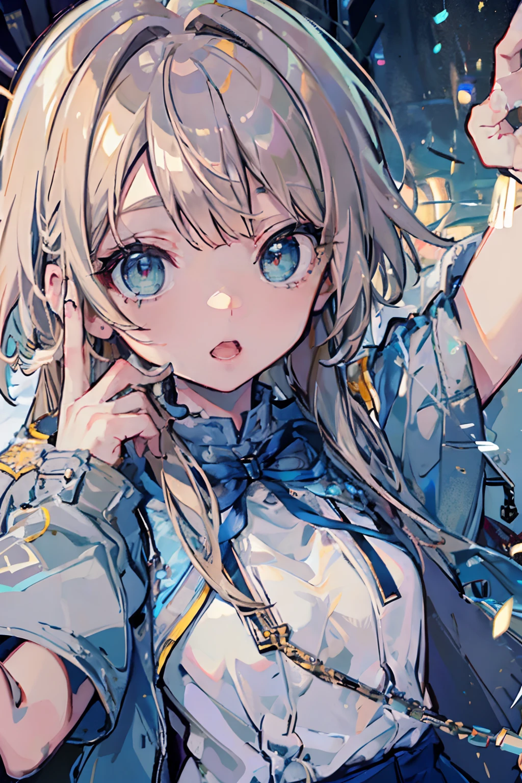 Illustration, UHD, retina, masterpiece, accurate, anatomically correct, super detail, high details, high quality, award winning, best quality, highres, good anatomy, 1080P, HD, 4K, 8k, 16k, 1girl, dynamic pose, androgynous,upper body potrait, detailed eyes, detailed clothes, detailed hair, rendering, 5 fingers, potrait, Aidalro, long brown hair, parted bangs, long locks, wearing a white baggy shirt, wearing a blue jacket, aqua eyes,