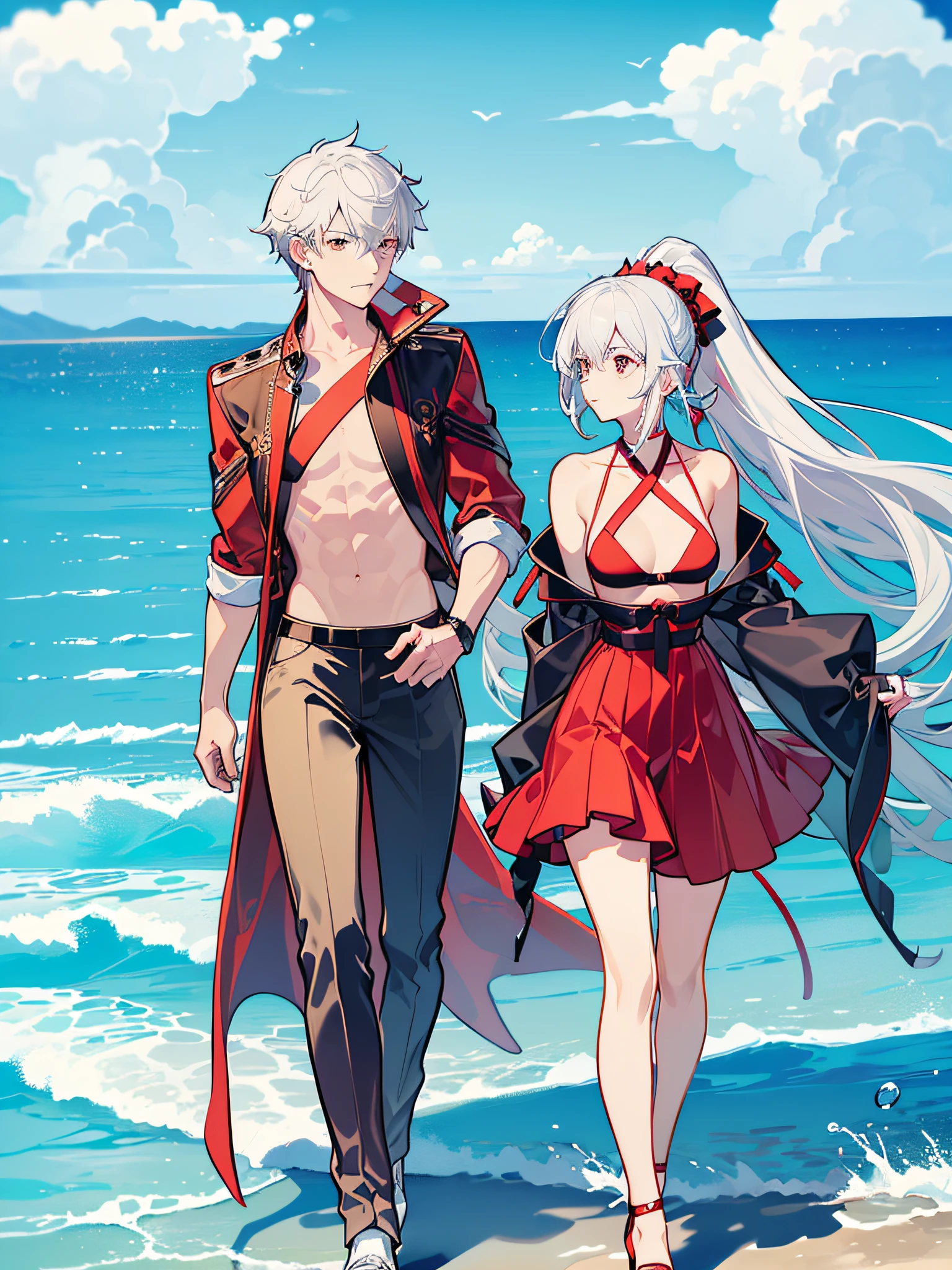 2 people,((1 male 1 female)), ((male with short dark blue hair with red strip hair and red gradient), (bare chest), (topless), (muscle), (transparent robe hanging on shoulder), ((female with white hair with high ponytail)),(bikini), meticulous bikini, ((high quality)), (extremely detailed), walking side by side, male staring at the sea, female staring at the male, beach background, 8k, 4k, inspired by Asukaziye