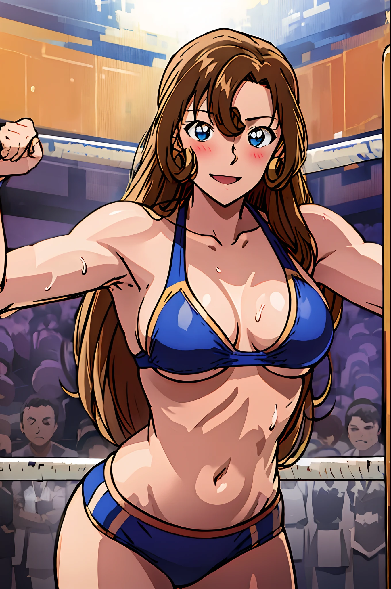 poster, anime style, hires ((wrestling ground)),  (female wrestler), (slender body, sweating, tired), mature woman, milf, (bikini, ultra detailed pro wrestling gear) victorious, gorgeous, winner, kind face, smile, closed mouth, (pale skin, shiny skin, lighting and shadow), big breasts, (only one arm stretching), long belly, closed fists, seductive, (brown, long hair)