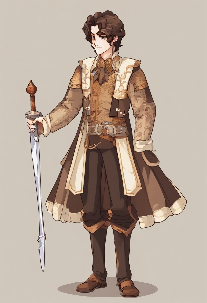 Ancient European aristocratic dress,young male,shoun,Noble boy,white pantie,Deerskin booties,with short brown hair,Sepia pupils,white backgrounid,Delicate facial features
