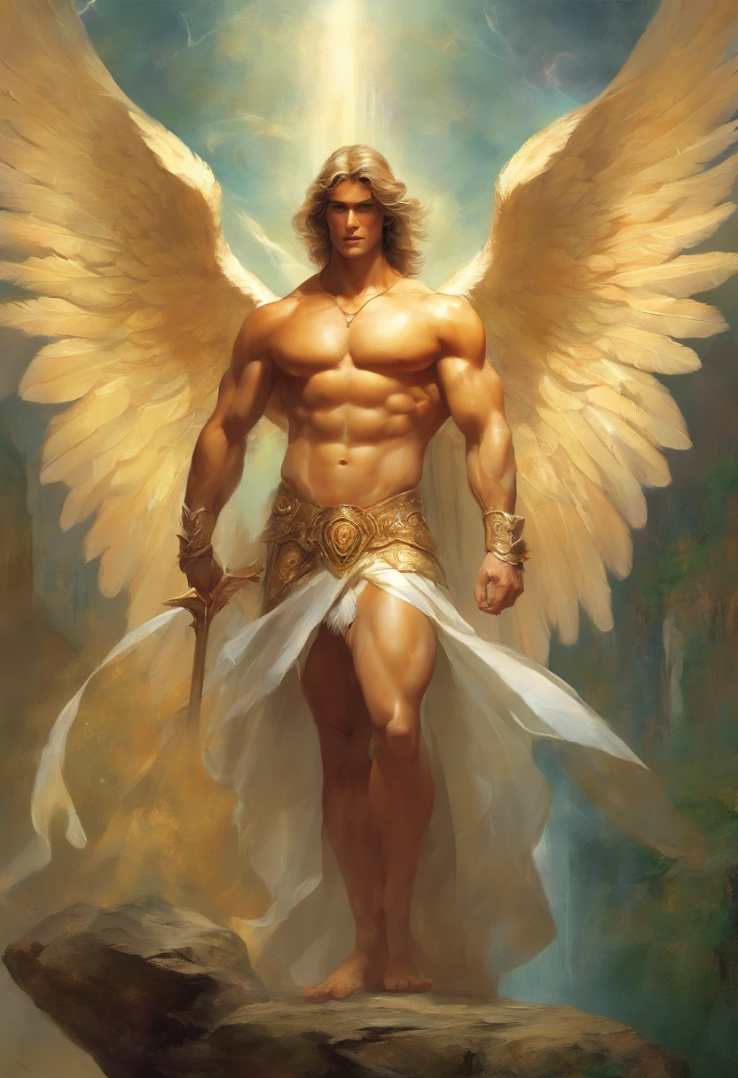 a painting of an angel man, with a beautiful face,((muscular body of man, sculptural body, strong,well-turned and muscular legs)), ((The rcanjo Miguel)), ((with several huge wings)), ((angel wings)), various positions, full body man, Frank Kelly Freas, Karol Bak style, best quality,32k ultra quality, quality of parade paper, film image,  Classic 8K