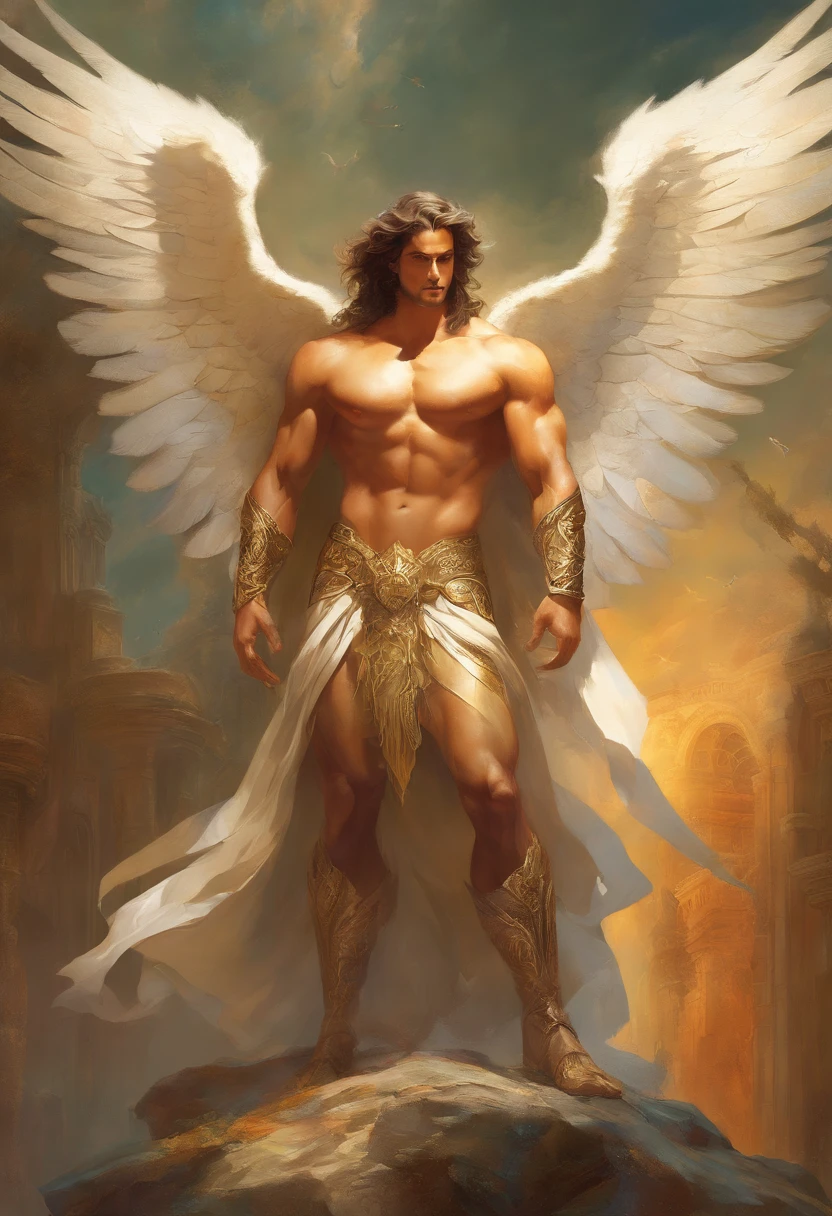 a painting of an angel man, with a beautiful face,((muscular body of man, sculptural body, strong,well-turned and muscular legs)), ((The rcanjo Miguel)), ((with several huge wings)), ((angel wings)), various positions, full body man, Frank Kelly Freas, Karol Bak style, best quality,32k ultra quality, quality of parade paper, film image,  Classic 8K