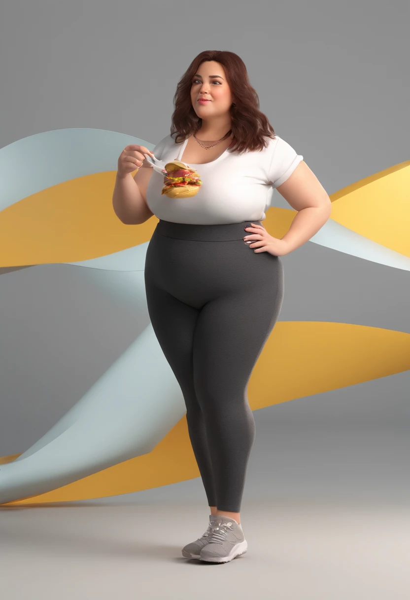 Fat girl eating food in tight clothes