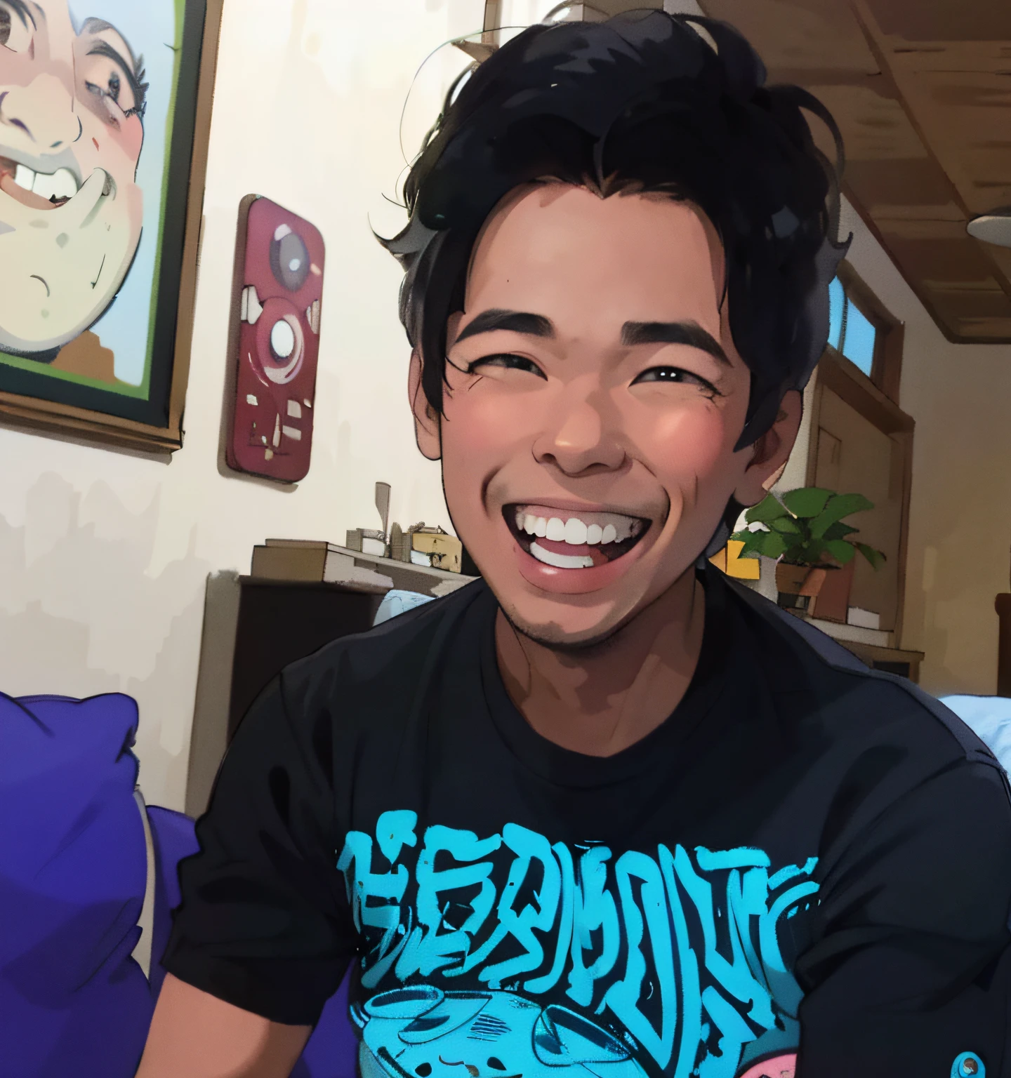 smiling man sitting in a living room with a remote control, insane smile, panting, goofy smile, crazy expression, mutahar laughing, with a happy expression, with funny feeling, ramil sunga, grinning lasciviously, friedly smile, wry smile, unsettling grin, happy expression, very huge smile, he is smiling