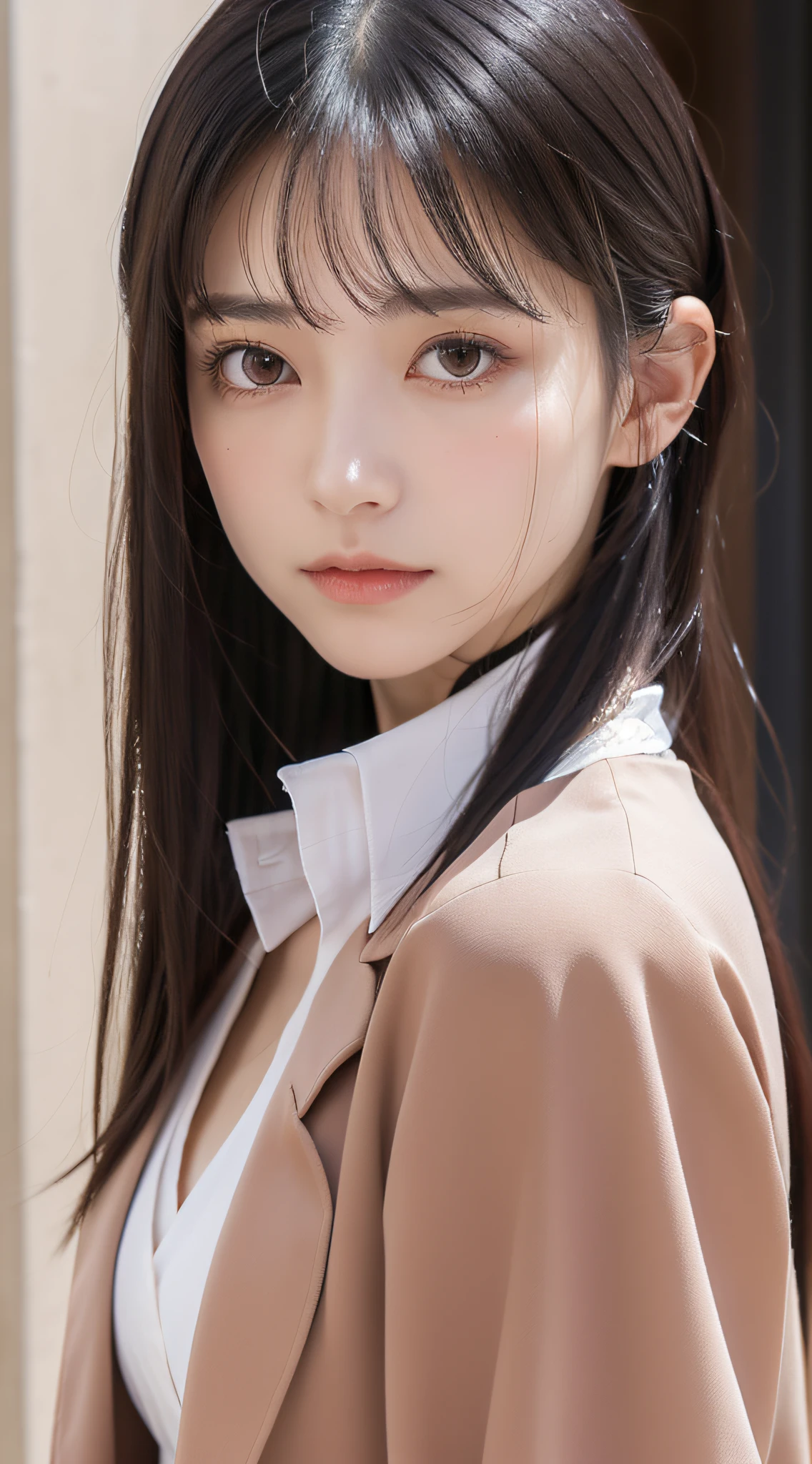 1 adult female, (up of face:1.5), Black hair, Blunt bangs, hair behind ear, hair over shoulder, Long hair, Ultra Fine Face, Thin face, Delicate lips, (beautidful eyes:1.5), thin blush, eyes are light brown,View here, （Hands hide）, formal jackets, a choker ,Port Area ,One-person viewpoint,  8K, masutepiece, nffsw, Super Detail, High quality, Best Quality, hight resolution,