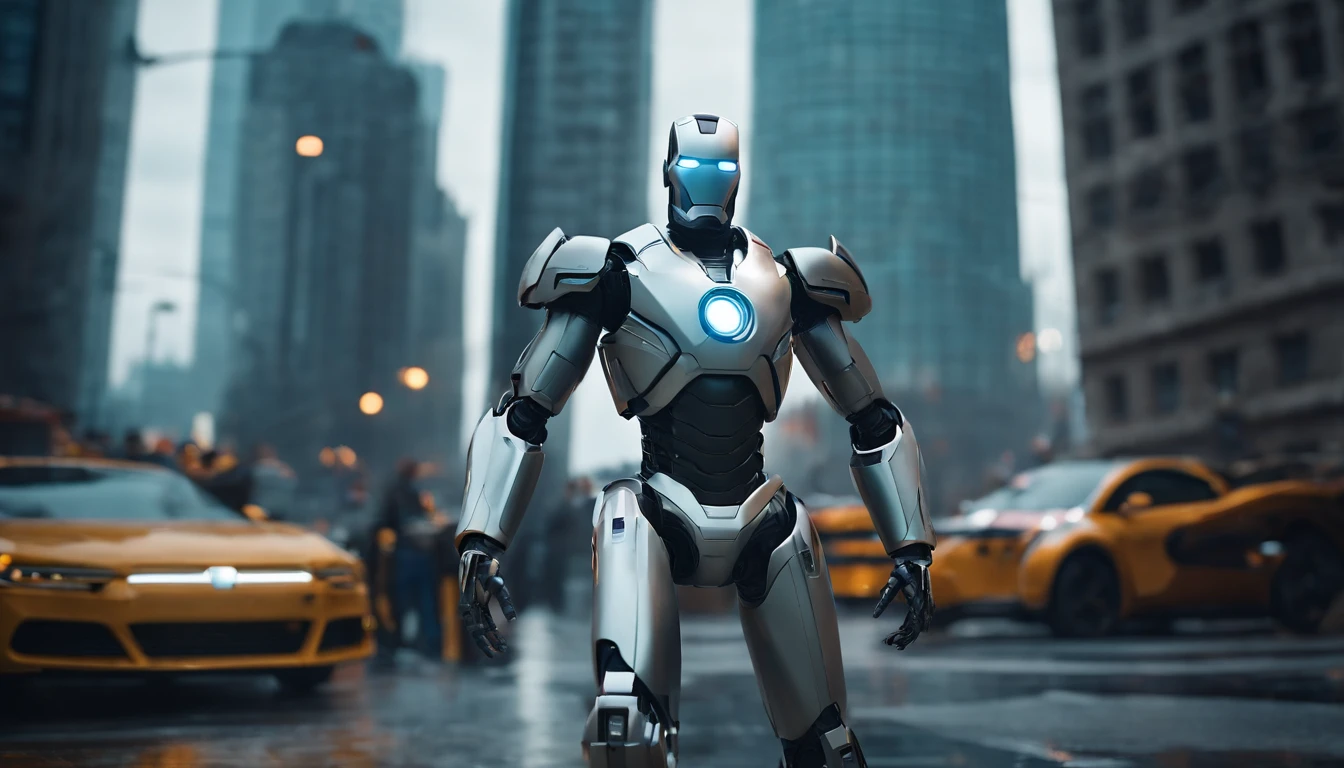 Iron man style babysitter ,(masterpiece,extreme detailed,top quality),majestic-looking,Forward stance,Stunning colors,Set in a futuristic cyberpunk style city,the street,crowd of,(Movie lighting),(light and shadow effect),(unreal-engine),(Tyndall),(cinema4d),(Super futuristic fantasy style),(8k wallpaper),(tmasterpiece),(Photography Award),realisticlying ,in a future dead city, escrevendo no live, na sala com livros, wide vision, ultra realista, altamente detalhado, pintura digital, arte conceitual, suave, foco nítido, tiro grande angular , babysitter, cute , with a cute baby , There is a cute robot standing in the future city play with a cute baby, which is a very cute robot, cute elaborate epic robot, beautiful robot character design, ??? Robot, Portrait of a futuristic robot, robotic mixed with organic, Future Robot, humanoid character, concept robot, White Robot, robot concept art, Steampunk Robot , (masterpiece,extreme detailed,top quality)