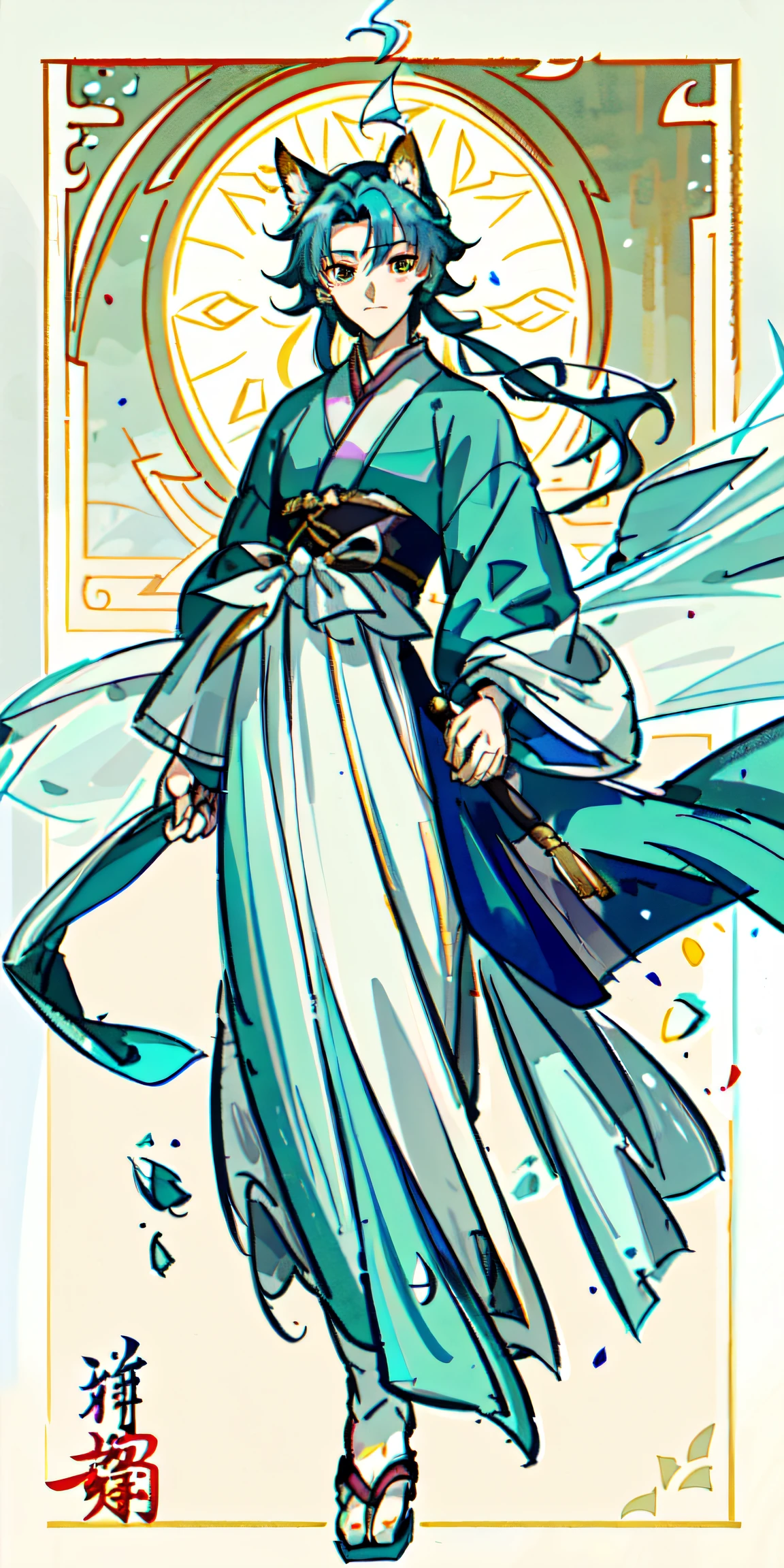 tmasterpiece，A good-looking -year-old Dog e，Hanfu，swordsmen，pavilion，beautiful character painting，Light cyan Hanfu，flowing white robe，full-body wuxia，epic exquisite  character art，stunning character art