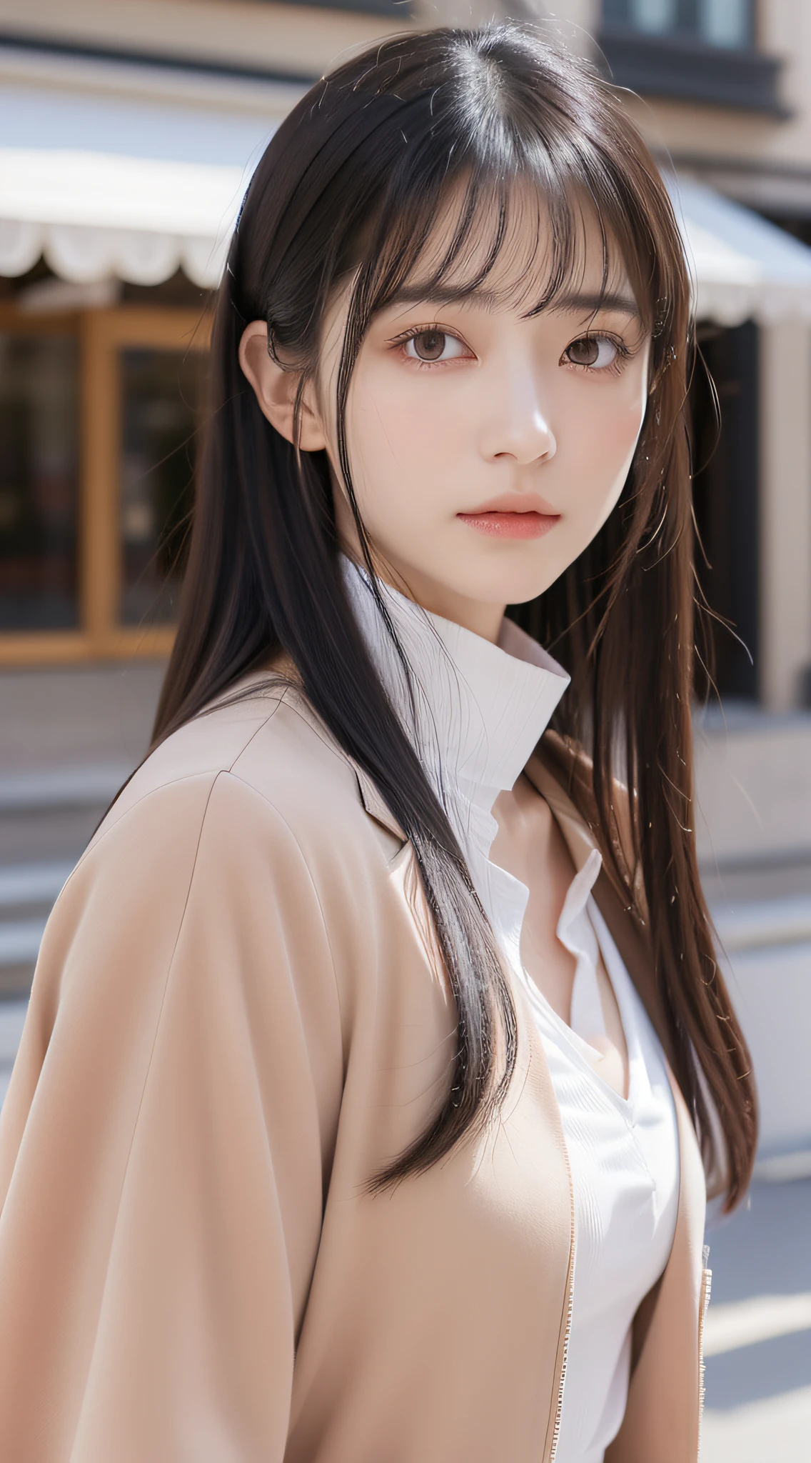 1 adult female, (up of face:1.5), Black hair, Blunt bangs, hair behind ear, hair over shoulder, Long hair, Ultra Fine Face, Thin face, Delicate lips, (beautidful eyes:1.5), thin blush, eyes are light brown,View here, （Hands hide）, formal jackets, a choker ,Port Area ,One-person viewpoint,  8K, masutepiece, nffsw, Super Detail, High quality, Best Quality, hight resolution,