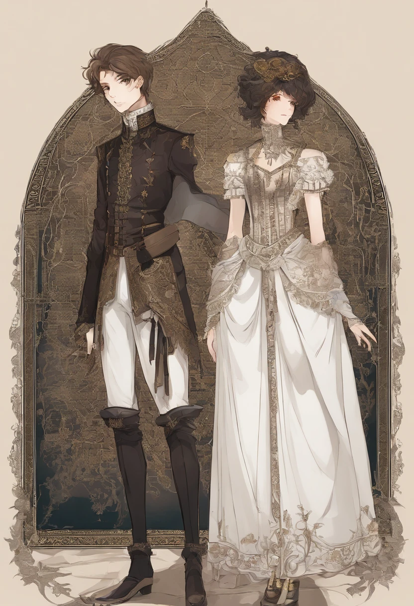 Ancient European aristocratic costumes,young male,shoun,Noble boy,white pantie,Deerskin booties,with short brown hair,Sepia pupils,white backgrounid,Delicate facial features
