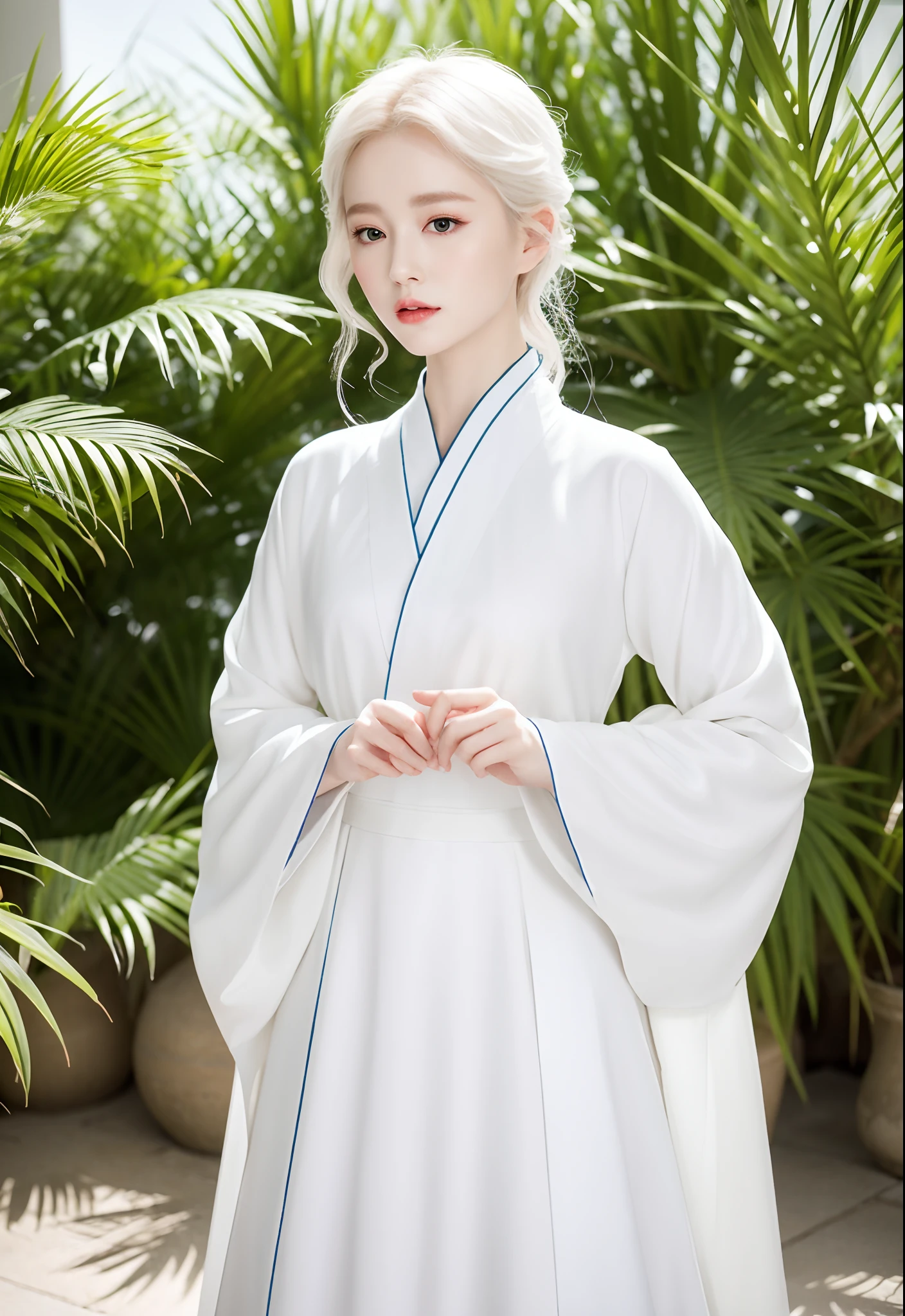 arafed image of a woman in a white dress with a tiable, white hanfu, pale milky white porcelain skin, porcelain white skin, milky white skin, palace , a girl in hanfu, white porcelain skin, pale snow white skin, wearing white silk robe, with white skin, inspired by Wu Bin, a beautiful woman in white, a beautiful fantasy empress