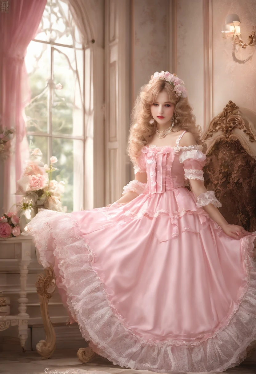 (lingerie:1.3),Pink and white dress, Takanobu Fujiwara(Takanobu Fujiwara)Digital rendering inspired by, pixiv, rococo, Victoria Gothic Lolita Fashion, Lolita Style, , rococo dress, lolita fashion, one-piece,She is swimming in the lake in a dress,petticoat