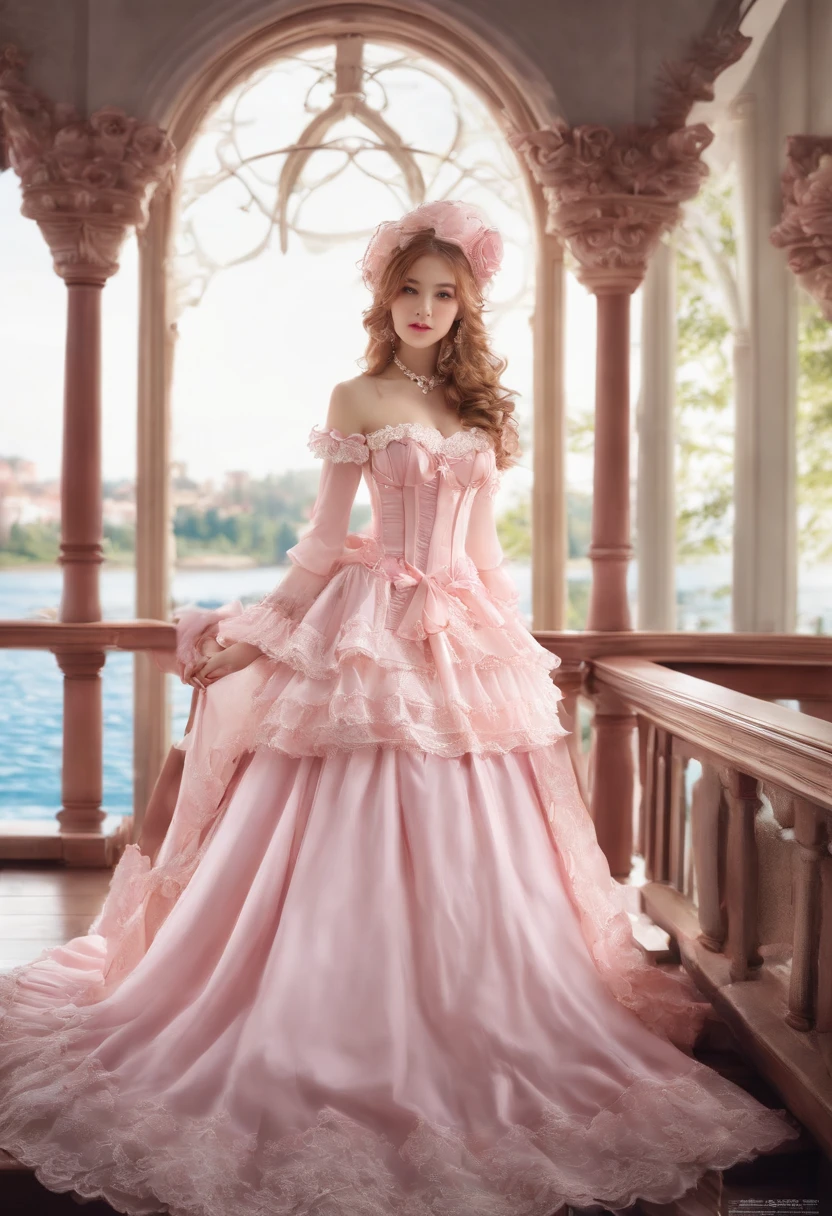 (lingerie:1.3),Pink and white dress, Takanobu Fujiwara(Takanobu Fujiwara)Digital rendering inspired by, pixiv, rococo, Victoria Gothic Lolita Fashion, Lolita Style, , rococo dress, lolita fashion, one-piece,She is swimming in the lake in a dress,petticoat