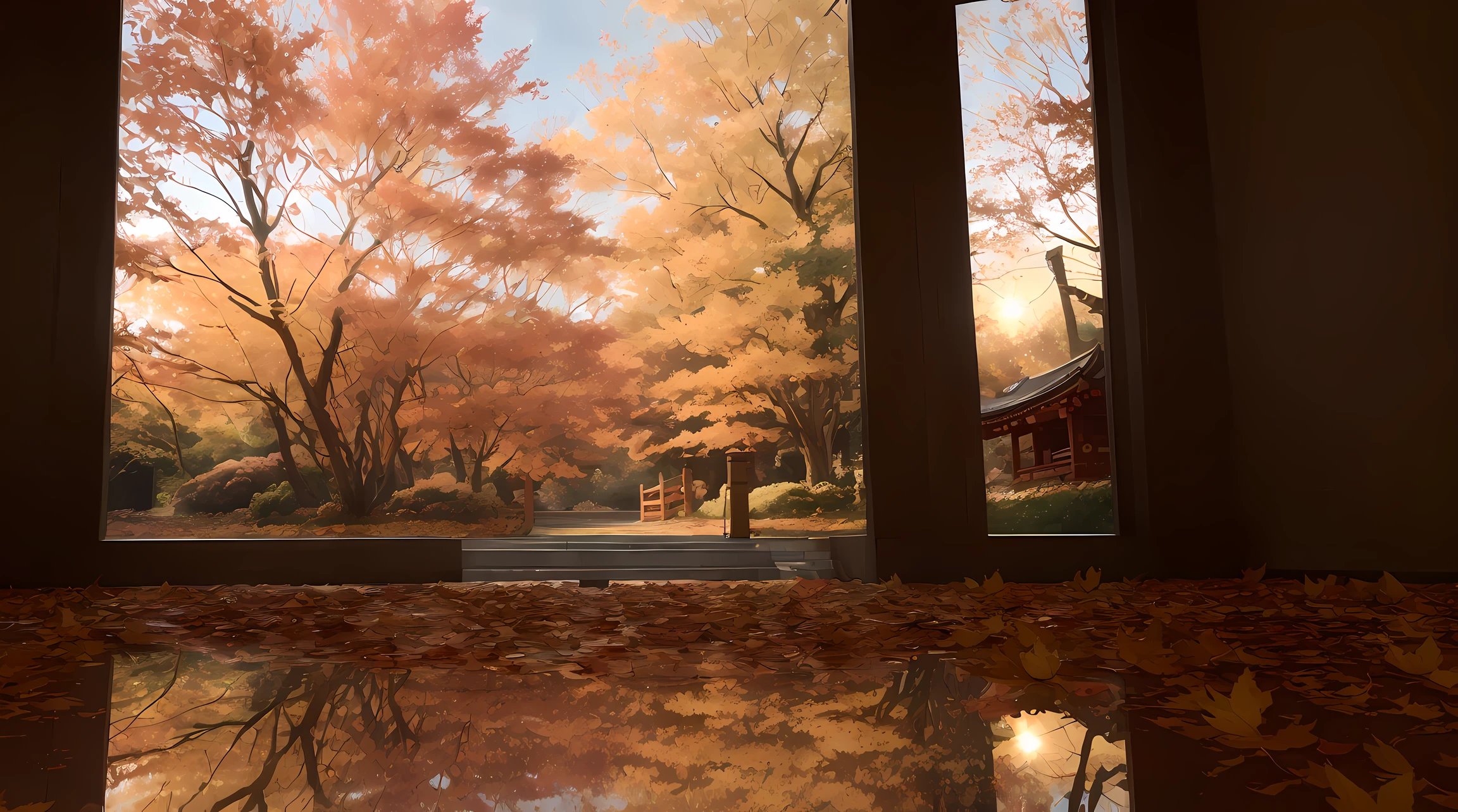 (((sunset:1.5, sunset light:1.3, moody light:1.3, cinematic light:1.3)))), An illustration of the scenery of the autumn leaves are depicted in a double layer due to the mirror reflection of Korin-in, Daitoku-ji Temple. at night, ultra-detailed, hyper-sharp, digital illustration, Place: Daitokuji Korin-in room Time: Autumn Subject: A specular reflection of autumn foliage The illustration depicts the specular reflection of autumn leaves on a table in the interior of Daitokuji Korin-in Temple. The table is in a room with a calm atmosphere like a tea room. The scenery of autumn leaves is clearly projected on the table. The scenery of autumn leaves is thought to have been seen from famous spots for autumn leaves such as the Sanmon Gate and Hojo in the precincts of Daitokuji Temple. The autumn leaves are dyed in various colors such as red, yellow, and orange, creating an atmosphere of autumn. (((In the illustration, the autumn leaves are depicted in a double layer due to the mirror reflection: 1.5))), which further emphasizes the beauty of the autumn leaves. In addition, the mirror reflection connects the interior and the landscape of the precincts, giving a sense of the depth of the space. Fittings such as shoji and fusuma in the room light from window Vividly expressing the colors of autumn leaves Emphasizing the beauty of autumn leaves by mirror reflection Expressing a space where the interior and the scenery of the precincts are connected