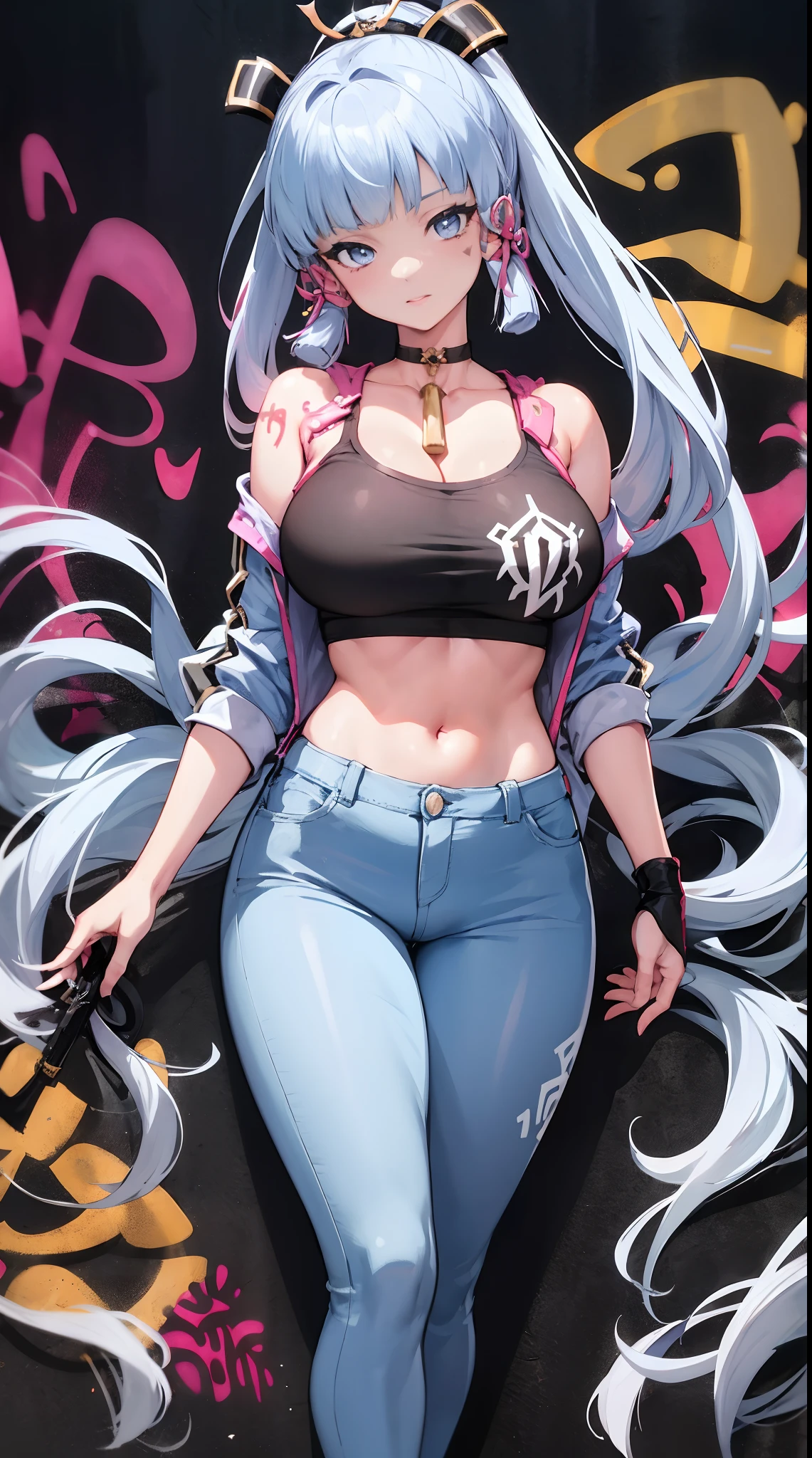 (best quality:1.5, highres, UHD, 4K, detailed lighting, shaders), best quality eyes, perfect hands, perfect finger, blue floral haired, gradient hair, big breasts, blue bra, big thighs, big butt, blue jacket, blue long pants, mature woman , (pov), black background, colorful eyeshadow, dramatic lighting, sparkling eyes, sensual expression, golden earrings, flowing hair, delicate facial features, dark skin, high cheekbones, urban setting, full body, black background, dont look for the camera, lean forward, behind the camera