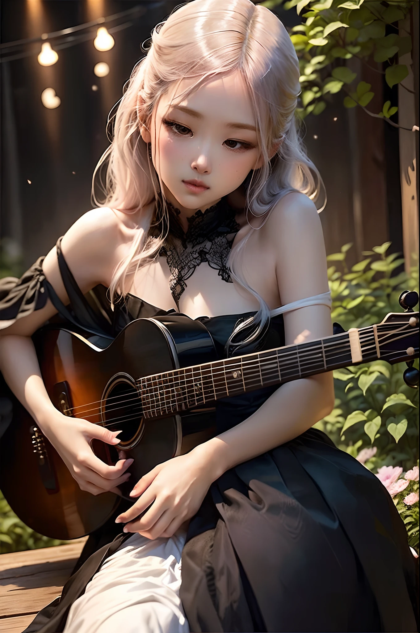 In the moonlit garden, a girl in a flowing black dress strums a guitar gently. Her beautiful detailed eyes capture the ethereal glow, while her exquisite lips hum along with the rhythm. Surrounding her, vibrant flowers bloom in an array of colors, adding a touch of serenity to the scene. Soft moonlight cascades down, casting a dreamy glow on every detail.

The girl's black dress shimmers with a satin-like texture, elegantly draping her slender figure. Every stitch and fold is meticulously crafted, exuding an air of sophistication and grace. Her fingers dance effortlessly on the strings, creating a melodic symphony that echoes through the night.

The garden is filled with lush greenery, creating a tranquil oasis. Tall trees sway gently in the breeze, their leaves rustling in harmony with the music. Delicate vines intertwine across the trellis, adding a touch of whimsy to the setting. Sparkling fireflies flit around, leaving trails of light that enhance the enchanting atmosphere.

The image exudes the best quality, with a level of detail that is truly mesmerizing. The colors are vivid and vibrant, accentuating the natural beauty of the surroundings. The scene is captured with a photorealistic style, where every brushstroke and texture is rendered with utmost precision. The soft, warm color tones enhance the dreamlike ambiance, enveloping the viewer in a sense of tranquility and wonder.

The girl's face is illuminated by gentle studio lighting, emphasizing the delicate features that make her truly captivating. From her expressive eyes to her flowing hair, every aspect is rendered with ultra-fine painting, resulting in an incredibly lifelike portrayal. The combination of artistic craftsmanship and technical expertise creates a masterpiece that captures the essence of beauty and harmony.

The overall scene exudes an aura of romanticism, blending elements of nature and music seamlessly. The play of light and shadow adds depth to the image, enhancing the overall visual imp