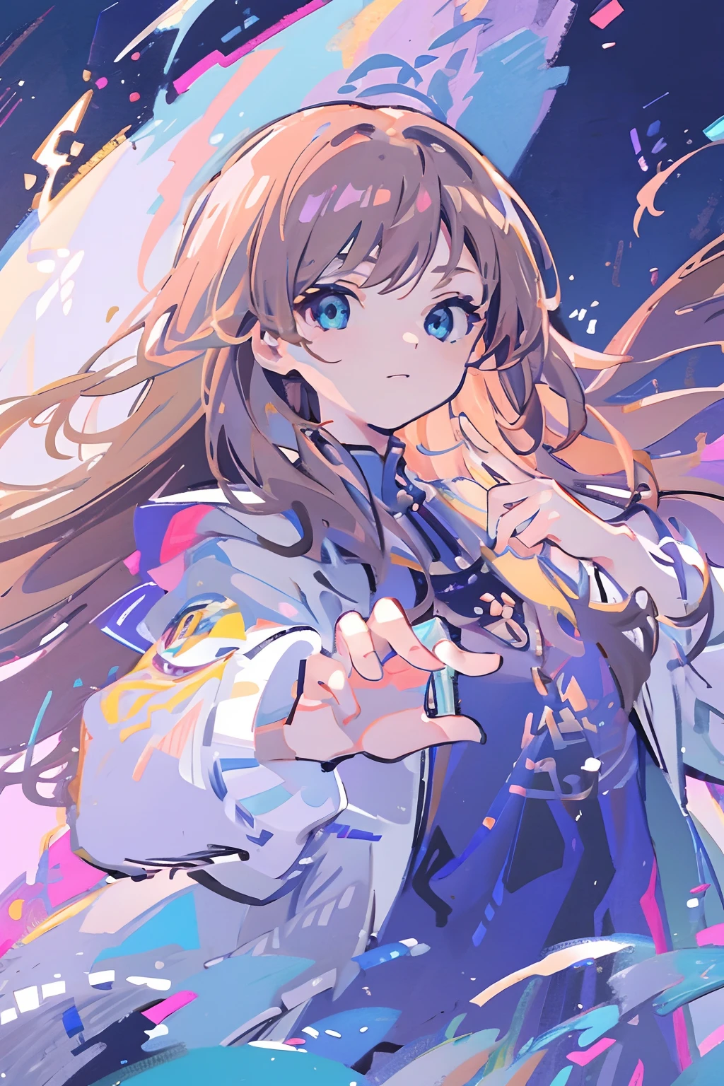 Illustration, UHD, retina, masterpiece, accurate, anatomically correct, super detail, high details, high quality, award winning, best quality, highres, good anatomy, 1080P, HD, 4K, 8k, 16k, 1girl, dynamic pose, androgynous,upper body potrait, detailed eyes, detailed clothes, detailed hair, rendering, 5 fingers, potrait, Aidalro, long brown hair, parted bangs, long locks, wearing a white baggy shirt, wearing a blue jacket, aqua eyes,