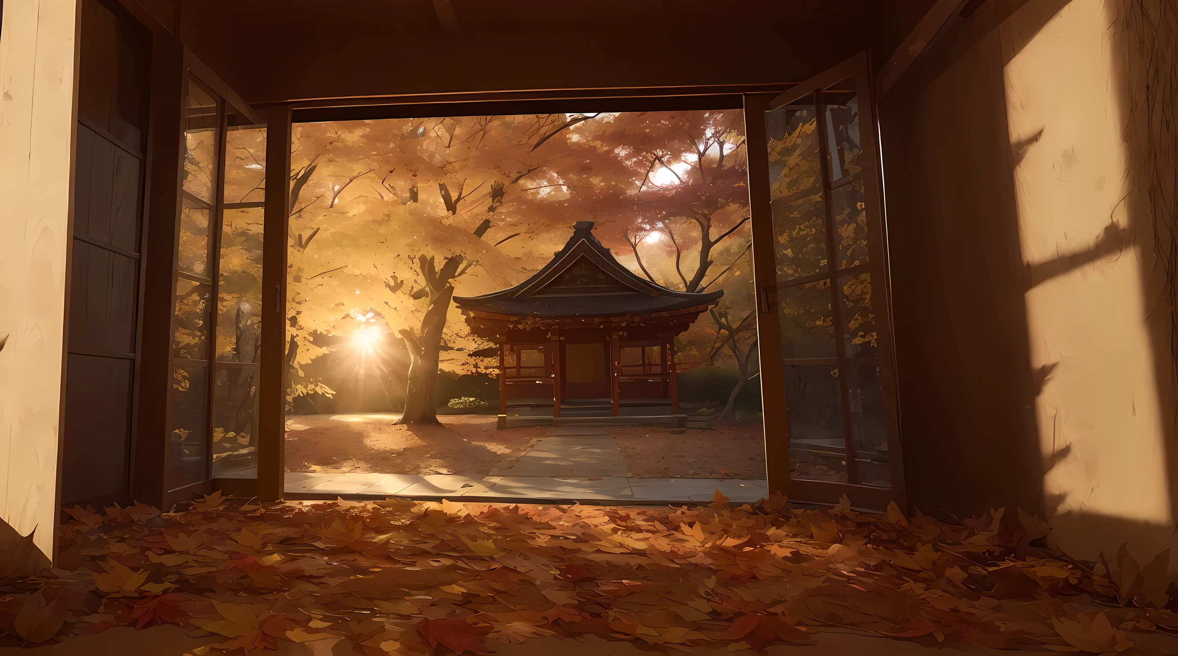 (((sunset:1.5, sunset light:1.3, moody light:1.3, cinematic light:1.3)))), An illustration of the scenery of the autumn leaves are depicted in a double layer due to the mirror reflection of Korin-in, Daitoku-ji Temple. at night, ultra-detailed, hyper-sharp, digital illustration, Place: Daitokuji Korin-in room Time: Autumn Subject: A specular reflection of autumn foliage The illustration depicts the specular reflection of autumn leaves on a table in the interior of Daitokuji Korin-in Temple. The table is in a room with a calm atmosphere like a tea room. The scenery of autumn leaves is clearly projected on the table. The scenery of autumn leaves is thought to have been seen from famous spots for autumn leaves such as the Sanmon Gate and Hojo in the precincts of Daitokuji Temple. The autumn leaves are dyed in various colors such as red, yellow, and orange, creating an atmosphere of autumn. (((In the illustration, the autumn leaves are depicted in a double layer due to the mirror reflection: 1.5))), which further emphasizes the beauty of the autumn leaves. In addition, the mirror reflection connects the interior and the landscape of the precincts, giving a sense of the depth of the space. Fittings such as shoji and fusuma in the room light from window Vividly expressing the colors of autumn leaves Emphasizing the beauty of autumn leaves by mirror reflection Expressing a space where the interior and the scenery of the precincts are connected