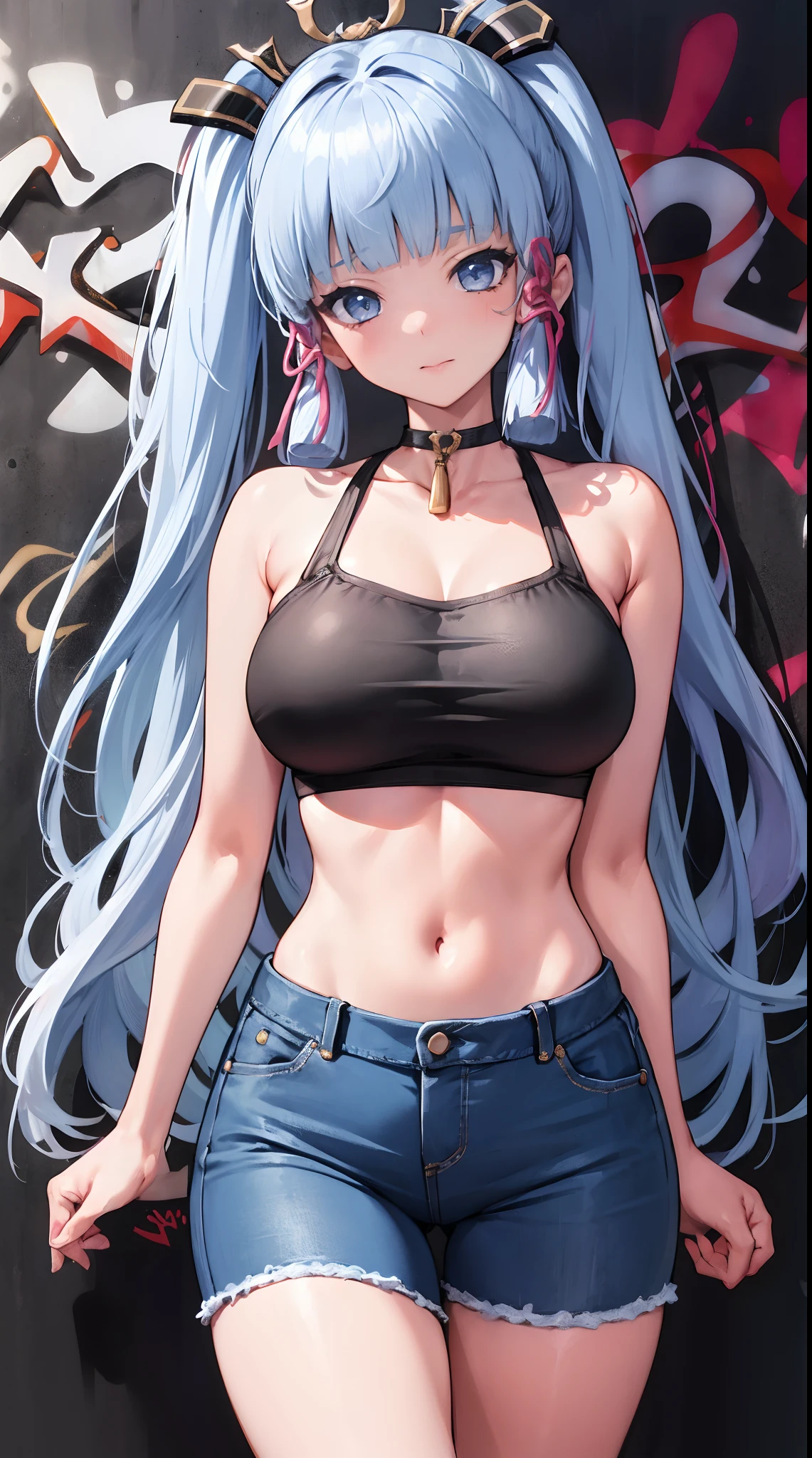 kamisato ayaka|genshin impact, master-piece, bestquality, 1girls,25 years old, proportional body, elongated legs, Beautiful, proportional., crop top, Long Jeans, gigantic breasts, ,bara, crop top, choker, (Graffiti:1.5), Splash with purple lightning pattern., arm behind back, against wall, View viewers from the front., Thigh strap, Head tilt, bored,