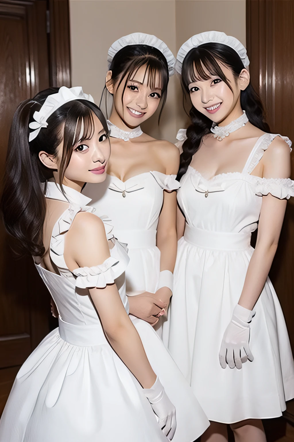 Multiple sexy servant girls standing or kneeling in front of the protagonist princess，Maid skirt and stockings in the background, The protagonist is a noble young princess sitting on a throne in a bridal wedding lace dress and stockings, Full body shot, Show the whole body from head to toe, There are only women on the picture, Background inside the palace, White and even teeth, Makeup, lipstick, Slim body