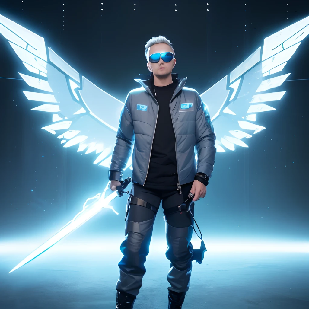 entity made of pure energy, light blue energy, humanoid, metal wings, gray unzipped jacket, black pants, hi-tech sunglasses, on a spaceship, holding an electric sword, full body view