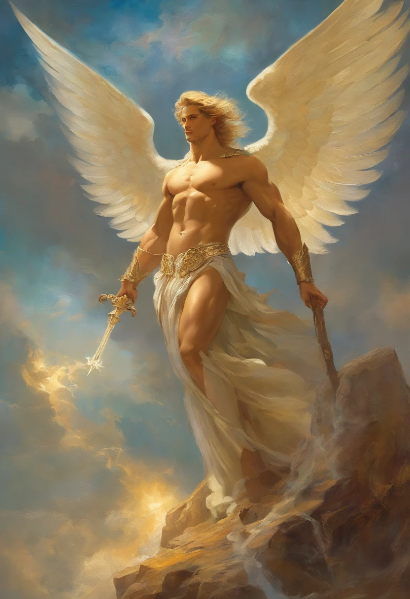 a painting of an angel man, with a beautiful face,((muscular body of man, sculptural body, strong,well-turned and muscular legs)), (((Archangel Michael)), ((with several huge wings)), ((angel wings)), various positions, full body man, Frank Kelly Freas, Karol Bak style, best quality,32k ultra quality, quality of parade paper, film image, Classic 8K