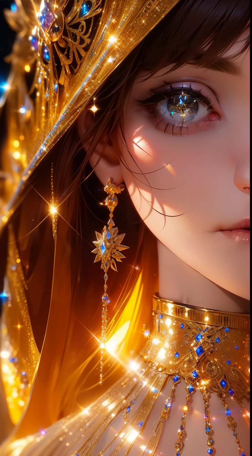 (masterpiece, best quality:1.2), 8k, insane details, intricate details, hyperdetailed, hyper quality, high detail, ultra detailed, professional, HDR, realistic, ray tracing reflection,
1girl, goddess, cinematic lighting, ornate, (glitter, sparkly golden:1.2), ornament, (diamond:1.1),