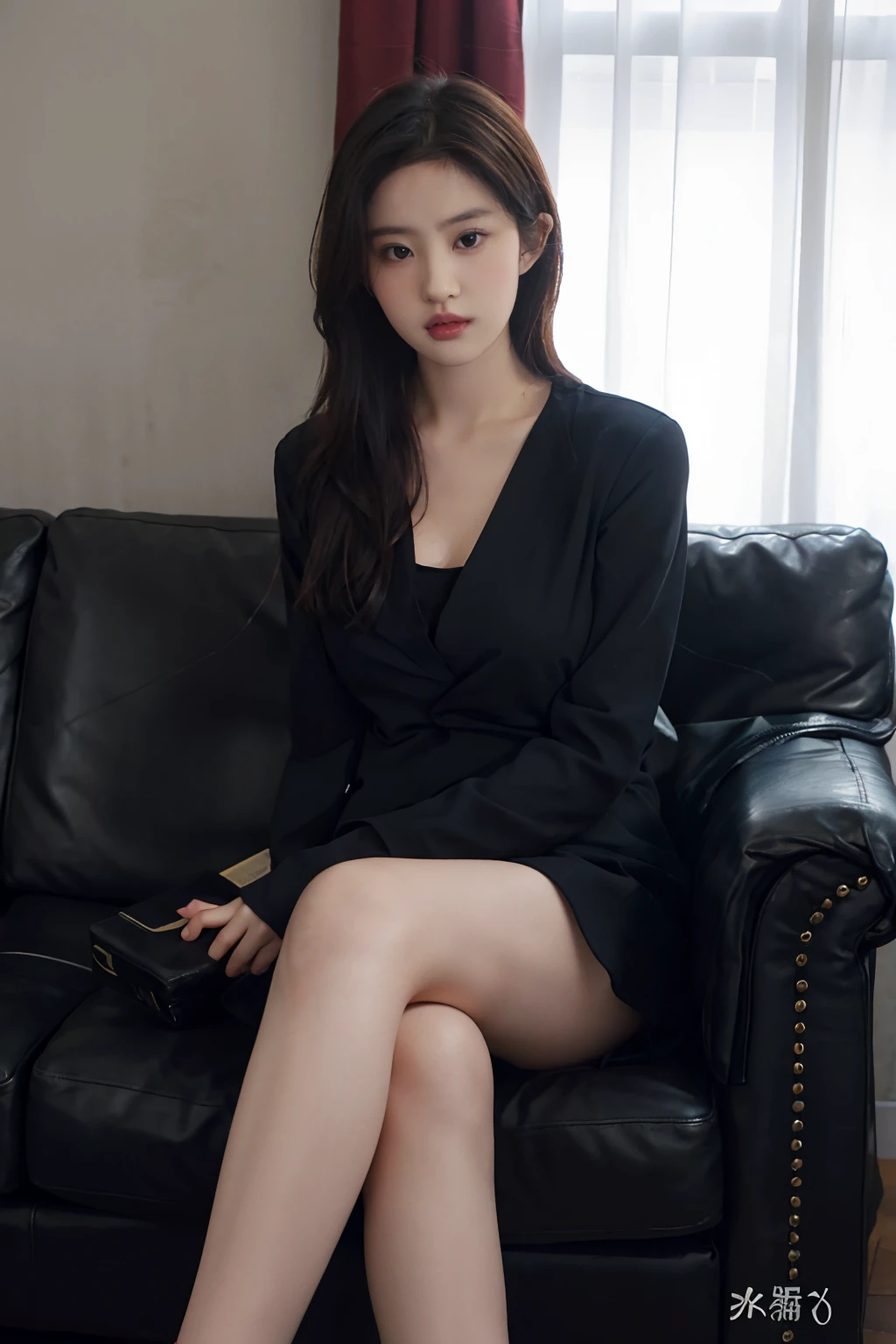 1girll,Sit on a comfortable sofa,Cross ed leg,Soft light,Black silk big breasts
