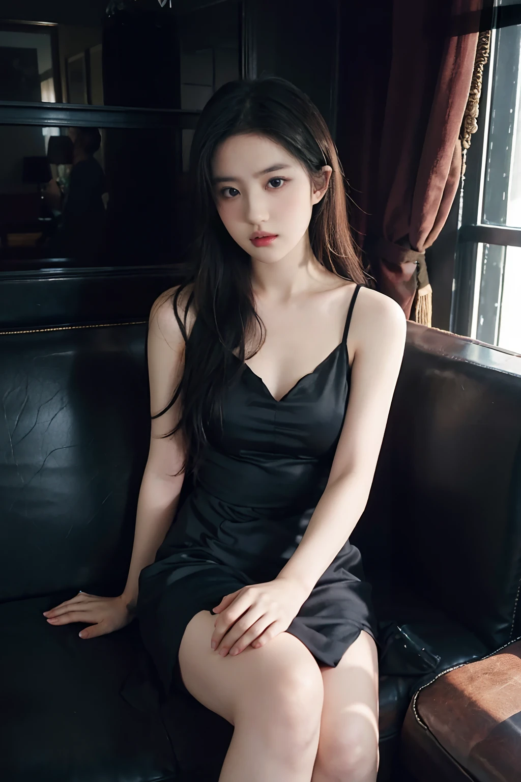 woman, look at viewer, oval face shape, portrait, long shot, full body, top to toe, sit on a comfortable sofa, black silk dress, deep line dress, spreading legs, (white panty) , medium breast, round shape breast, slender abs, outdoor, sunset light,