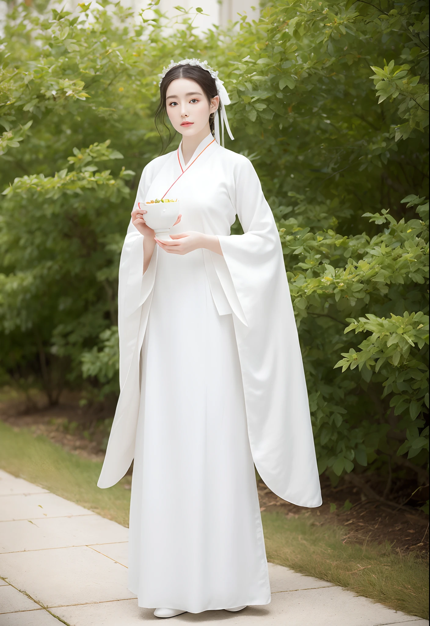 arafed image of a woman in a white dress with a tiable, a picture inspired by Wu Bin, tumblr, digital art, white hanfu, pale milky white porcelain skin, porcelain white skin, milky white skin, palace , a girl in hanfu, white porcelain skin, pale snow white skin, wearing white silk robe, with white skin