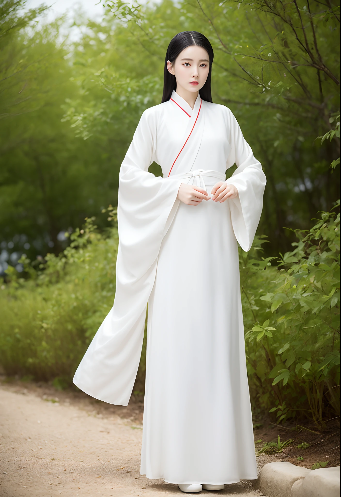 arafed image of a woman in a white dress with a tiable, a picture inspired by Wu Bin, tumblr, digital art, white hanfu, pale milky white porcelain skin, porcelain white skin, milky white skin, palace ， a girl in hanfu, white porcelain skin, pale snow white skin, wearing white silk robe, with white skin
