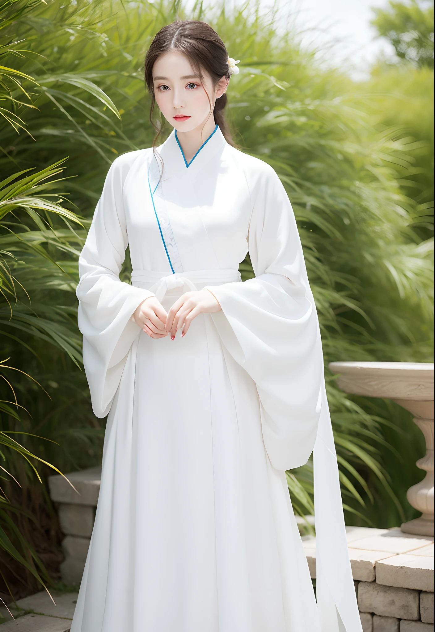 arafed image of a woman in a white dress with a tiable, a picture inspired by Wu Bin, tumblr, digital art, white hanfu, pale milky white porcelain skin, porcelain white skin, milky white skin, palace , a girl in hanfu, white porcelain skin, pale snow white skin, wearing white silk robe, with white skin