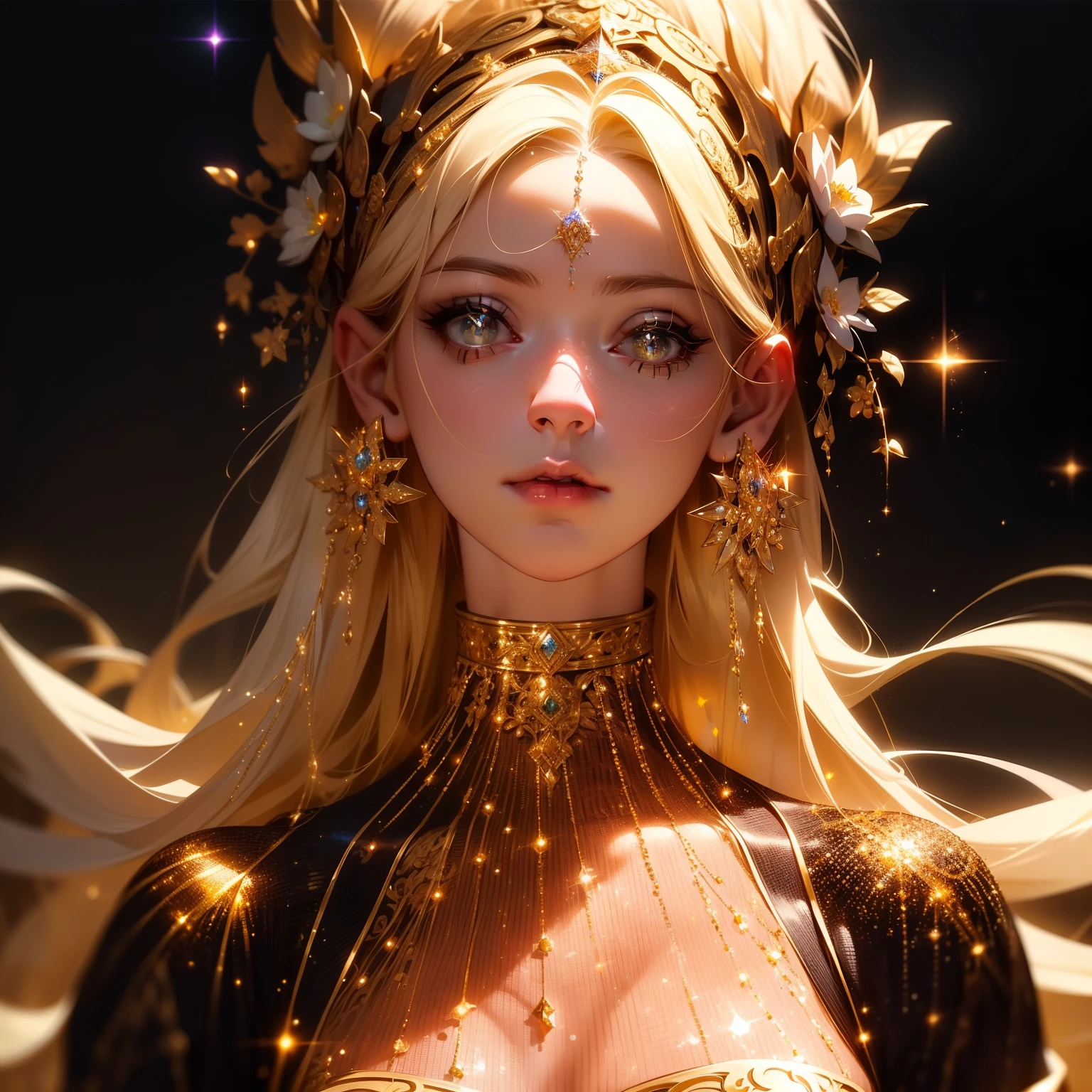 (masterpiece, best quality:1.2), 8k, insane details, intricate details, hyperdetailed, hyper quality, high detail, ultra detailed, professional, HDR, realistic, ray tracing reflection,
1girl, goddess, cinematic lighting, ornate, (glitter, sparkly golden:1.2), ornament, (diamond:1.1),