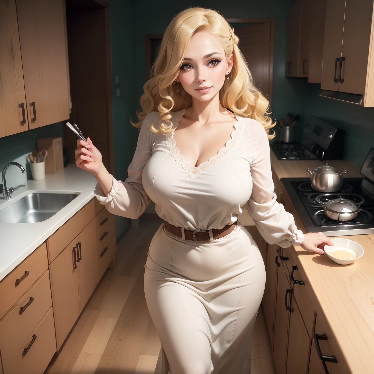 (masutepiece:1.2), (Best Quality:1.2), Full body portrait,Perfect eyes, Perfect face, Perfect Lighting, 1girl in, Mature woman in the field, medium blonde hair, Curly hair, detailed clothes, 1960s kitchen, makeup, eyeshadows, thick eyelashes, Fantasy, Looking at the viewer, Happy,