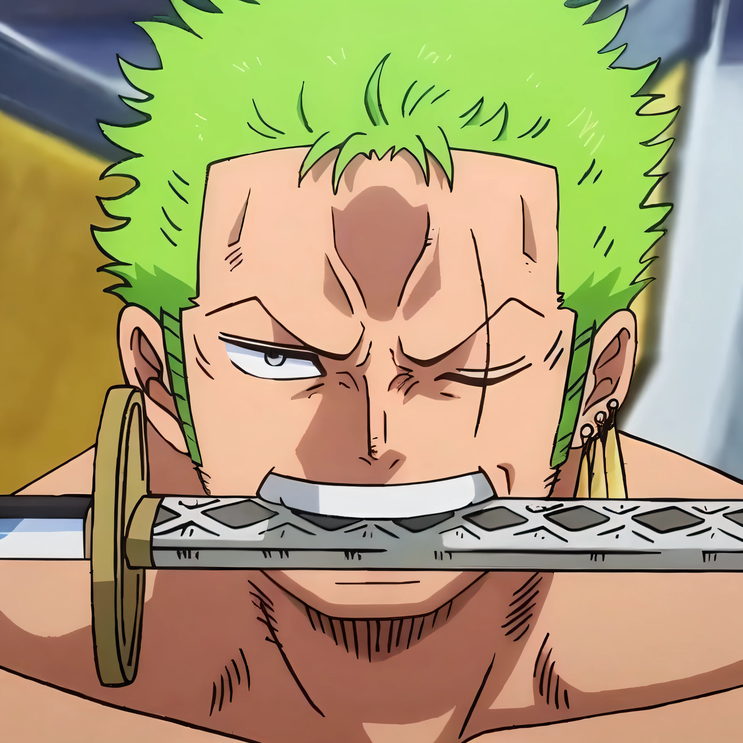 Un homme, un gros plan, T-shirt vert, ciel en arrière plan, une personne aux cheveux verts et une cigarette, Roronoa zoro