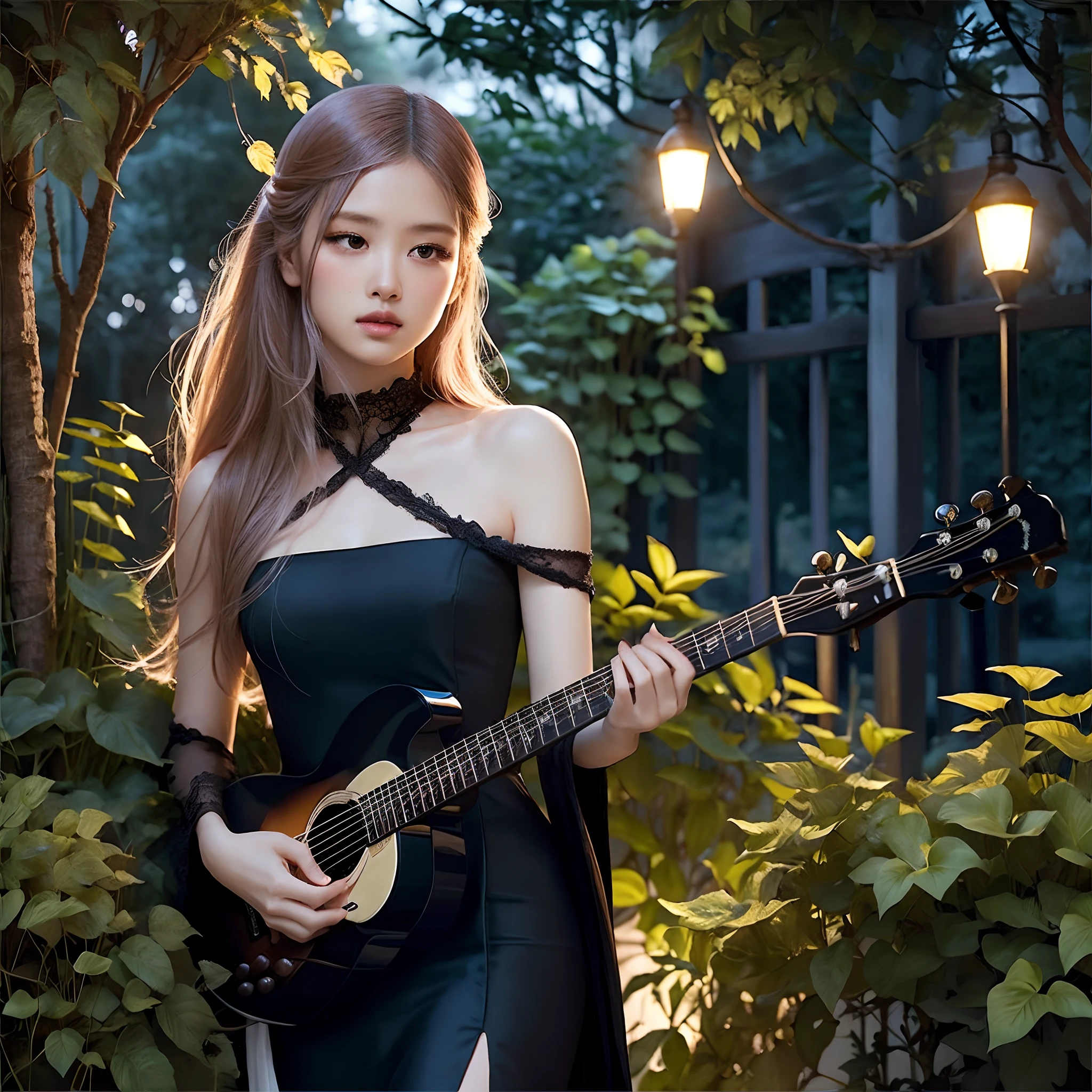 In the moonlit garden, a girl in a flowing black dress strums a guitar gently. Her beautiful detailed eyes capture the ethereal glow, while her exquisite lips hum along with the rhythm. Surrounding her, vibrant flowers bloom in an array of colors, adding a touch of serenity to the scene. Soft moonlight cascades down, casting a dreamy glow on every detail. The girl's black dress shimmers with a satin-like texture, elegantly draping her slender figure. Every stitch and fold is meticulously crafted, exuding an air of sophistication and grace. Her fingers dance effortlessly on the strings, creating a melodic symphony that echoes through the night. The garden is filled with lush greenery, creating a tranquil oasis. Tall trees sway gently in the breeze, their leaves rustling in harmony with the music. Delicate vines intertwine across the trellis, adding a touch of whimsy to the setting. Sparkling fireflies flit around, leaving trails of light that enhance the enchanting atmosphere. The image exudes the best quality, with a level of detail that is truly mesmerizing. The colors are vivid and vibrant, accentuating the natural beauty of the surroundings. The scene is captured with a photorealistic style, where every brushstroke and texture is rendered with utmost precision. The soft, warm color tones enhance the dreamlike ambiance, enveloping the viewer in a sense of tranquility and wonder. The girl's face is illuminated by gentle studio lighting, emphasizing the delicate features that make her truly captivating. From her expressive eyes to her flowing hair, every aspect is rendered with ultra-fine painting, resulting in an incredibly lifelike portrayal. The combination of artistic craftsmanship and technical expertise creates a masterpiece that captures the essence of beauty and harmony. The overall scene exudes an aura of romanticism, blending elements of nature and music seamlessly. The play of light and shadow adds depth to the image, enhancing the overall visual imp
Wait