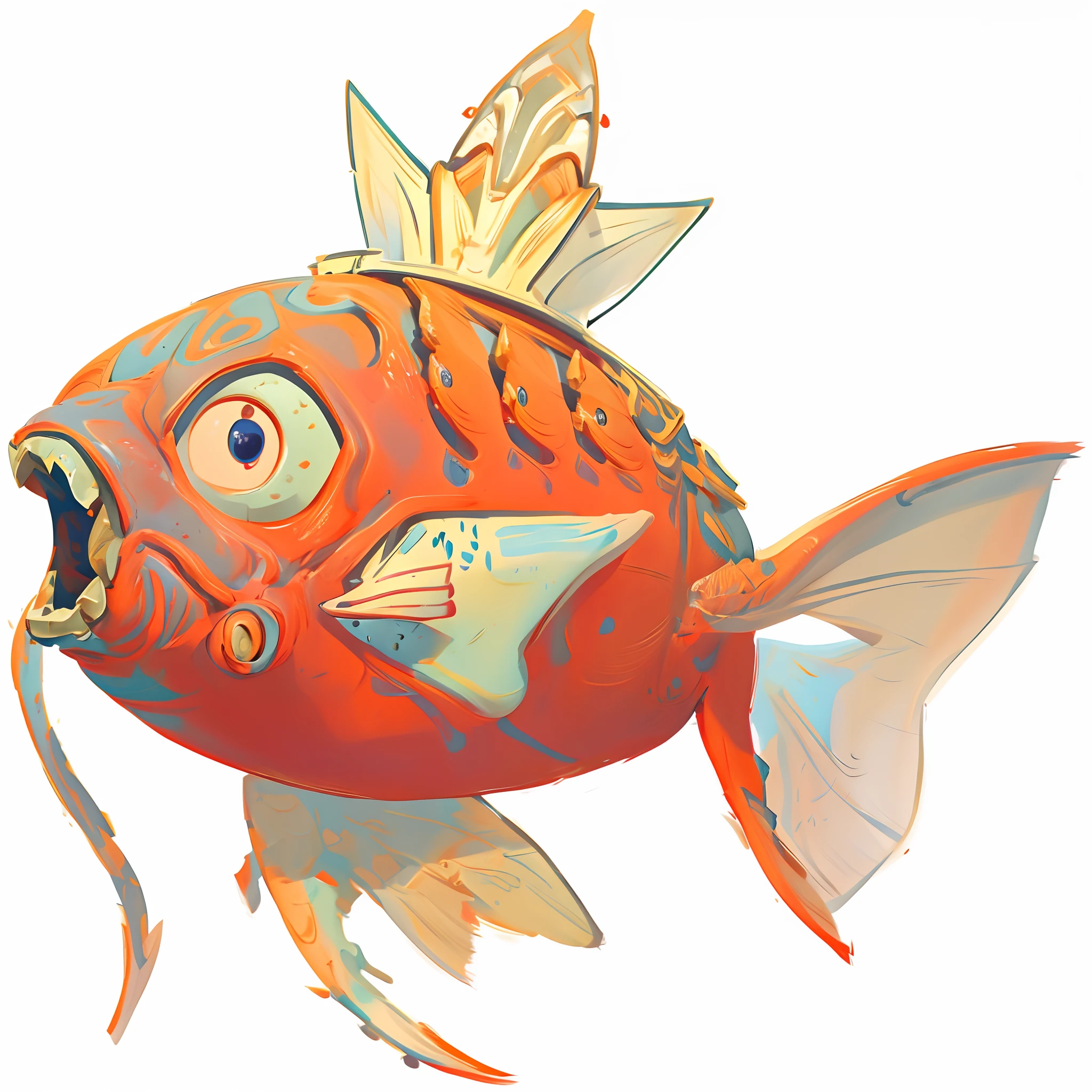 cartoon fish with a crown, fish gills, dragon whiskes, robotic, anthropomorphic warrior fish, ammor fish, danbooru, flying fish, koi, metal gold fin,🚿🗝📝, あかさたなは on twitter, uwu, by Awataguchi Takamitsu, (((high quality))), (heavy armor:1.3), (warrior), (samurai), weapons, ((spaceship)), starship