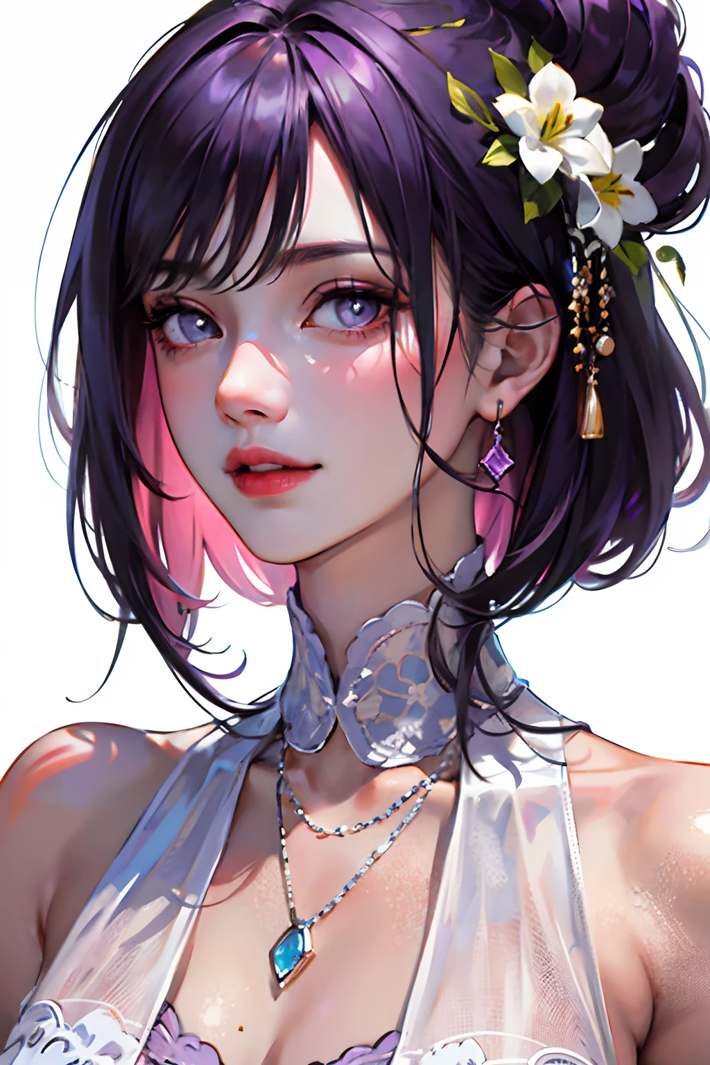 (masterpiece:1.2, best quality), (very detailed face, real pictures, realistic skin, realistic body, complex details), solo, 1milf, purple-gray hair, shawl hair, white background, delicate eyes, purple eyes, hair_ornament, smile, mouth apart, purple straight hair, (realistic), 46 points oblique bangs, purple atmosphere, frontal light hitting the face, do not cover the hair, complete the hair, Hair is clearly visible, white face, round face, juvenile face, purple love heart necklace, A pretty woman with perfect figure :1.4, Slender abs :1.1, (masterpiece:1.2, best quality), (very detailed face, real pictures, realistic skin, realistic body, complex details), solo, 1milf, purple-gray hair, shawl hair, white background, delicate eyes, purple eyes, hair_ornament, smile, mouth apart, purple straight hair, (realistic), 46 points oblique bangs, purple atmosphere, frontal light hitting the face, do not cover the hair, complete the hair, Hair is clearly visible, white face, round face, juvenile face, purple love heart necklace, A pretty woman with perfect figure :1.4, Slender abs :1.1, Masterpiece, 1 Beautiful Girl, Detailed Eyes, Swollen Eyes, Top Quality, Ultra High Resolution, (Reality: 1.4), Original Photo, 1Girl, Cinematic Lighting, Japanese, Asian Beauty, Korean, Very Beautiful, Beautiful Skin, Slender, Body Facing Front, (Ultra Realistic), (High Resolution), (8 K), (very detailed), (best illustration), (beautifully detailed eyes), (super detailed), detailed face, bright lighting, professional lighting, looking at viewer, facing straight ahead, neat clothes, sleeveless, short hair, black hair, 46 point slanted bangs, background is hotel room with morning sun shining in, outside window Clear ocean, neat and clean,