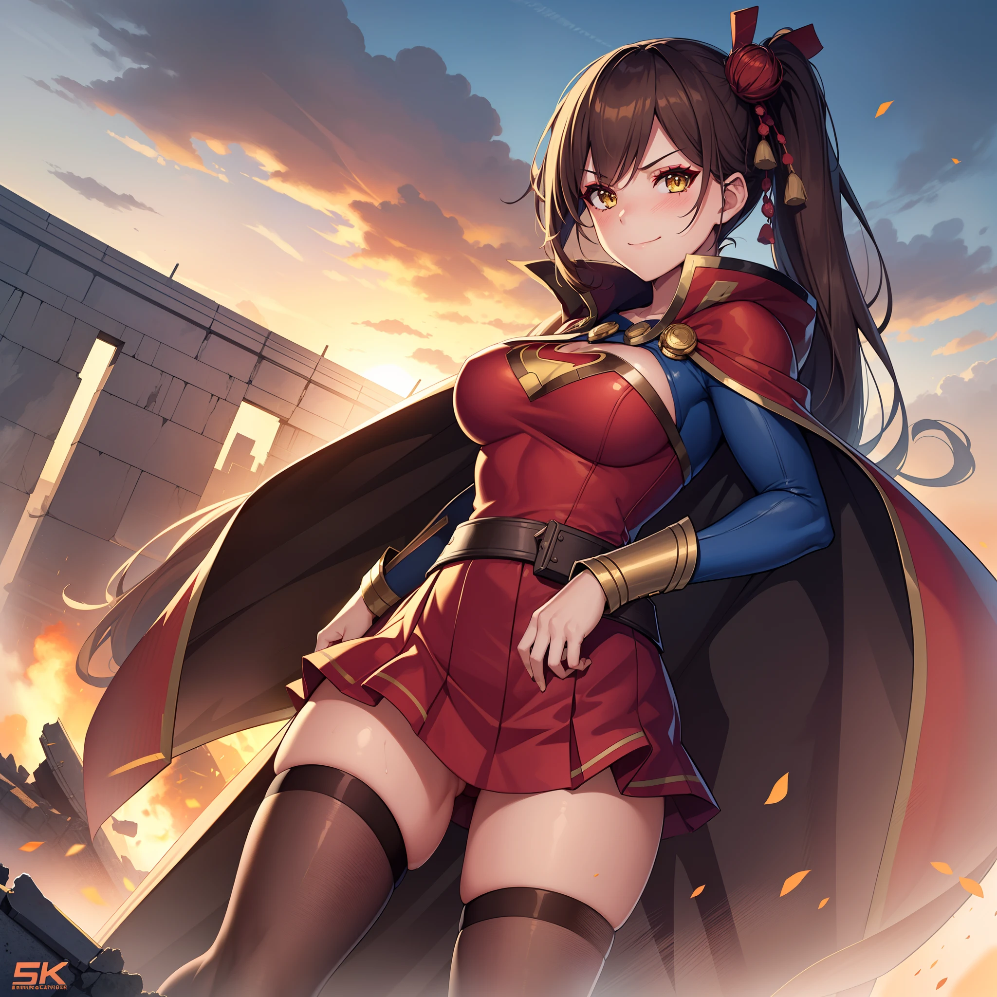 1girl,Zuikaku,gigantic breasts,superhero pose,standing in ruined city,(8k),scratches,detailed face,brown hair,yellow eyes,very long hair,embarassed,small smile face, side ponytail,orange eyeshadow,hair ornament, high_res, high_definition,the battlefield,blue suite,red cape,(Supergirl Custom 1:1),