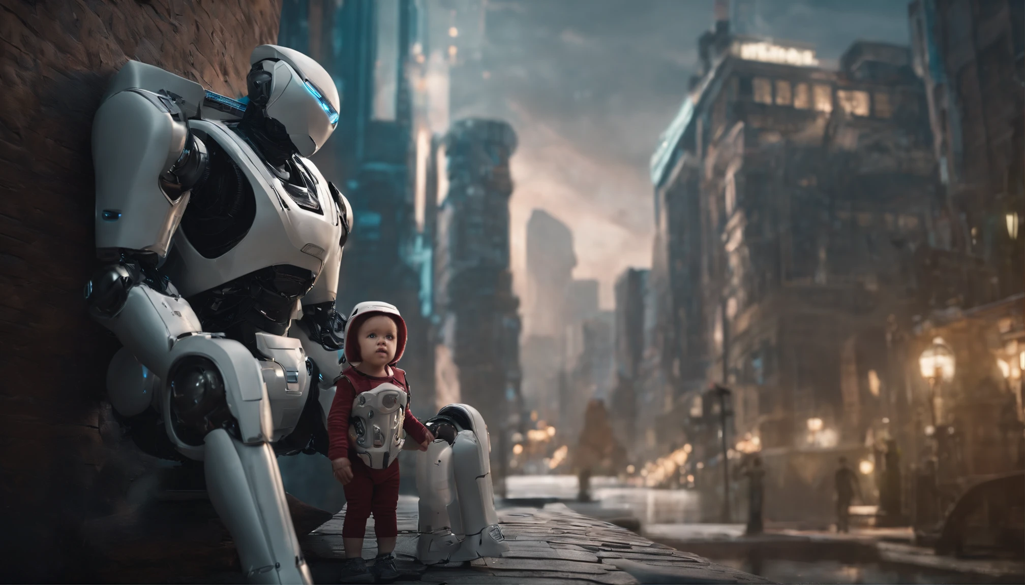 Very cute  style babysitter ，(masterpiece,extreme detailed,top quality)，majestic-looking，Forward stance，Stunning colors，Set in a futuristic cyberpunk style city，the street，crowd of，（Movie lighting），（light and shadow effect），（unreal-engine），（Tyndall），（cinema4d），（Super futuristic fantasy style），（8k wallpaper），（tmasterpiece），（Photography Award），realisticlying ,in a future dead city, escrevendo no live, na sala com livros, wide vision, ultra realista, altamente detalhado, pintura digital, arte conceitual, suave, foco nítido, tiro grande angular  , babysitter, cute , with a cute baby , There is a cute robot standing in the future city play with a cute baby, which is a very cute robot, cute elaborate epic robot, beautiful robot character design,  Kid Robot, Portrait of a futuristic robot, robotic mixed with organic, Future Robot, humanoid character, concept robot, White Robot, robot concept art, Steampunk Robot , (masterpiece,extreme detailed,top quality)