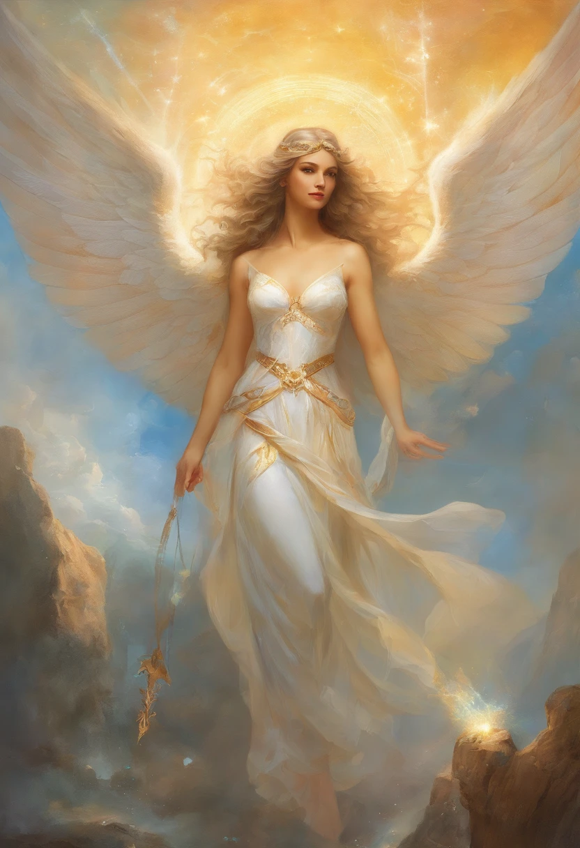 a painting of an angel man, with a beautiful face, sculptural body, (((Archangel Michael)), ((with several huge wings)), ((angel wings)), various positions, full body man, Frank Kelly Freas, Karol Bak style, best quality,32k ultra quality, quality of parade paper, film image, Classic 8K