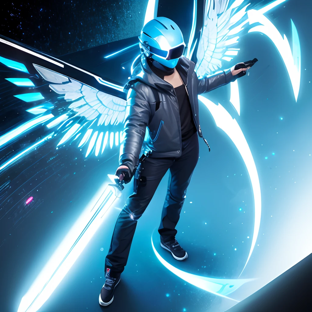entity made of pure energy, light blue energy, metal wings, gray unzipped jacket, black pants, hi-tech sunglasses, on a spaceship, holding an electric sword, full body view