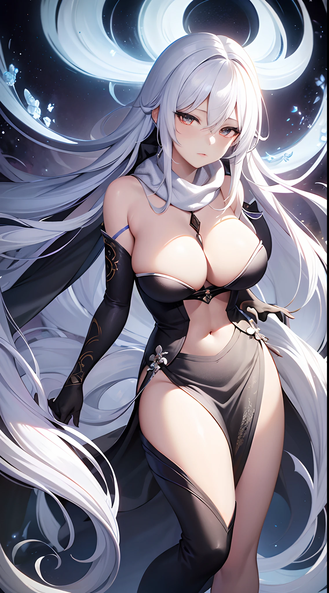 a close up of a woman with a white hair and a black scarf, a character portrait by Yang J, pixiv contest winner, fantasy art, white haired deity, beautiful character painting, artwork in the style of guweiz, the piercing stare of yuki onna, guweiz, with white long hair, with long white hair, flowing hair and long robes