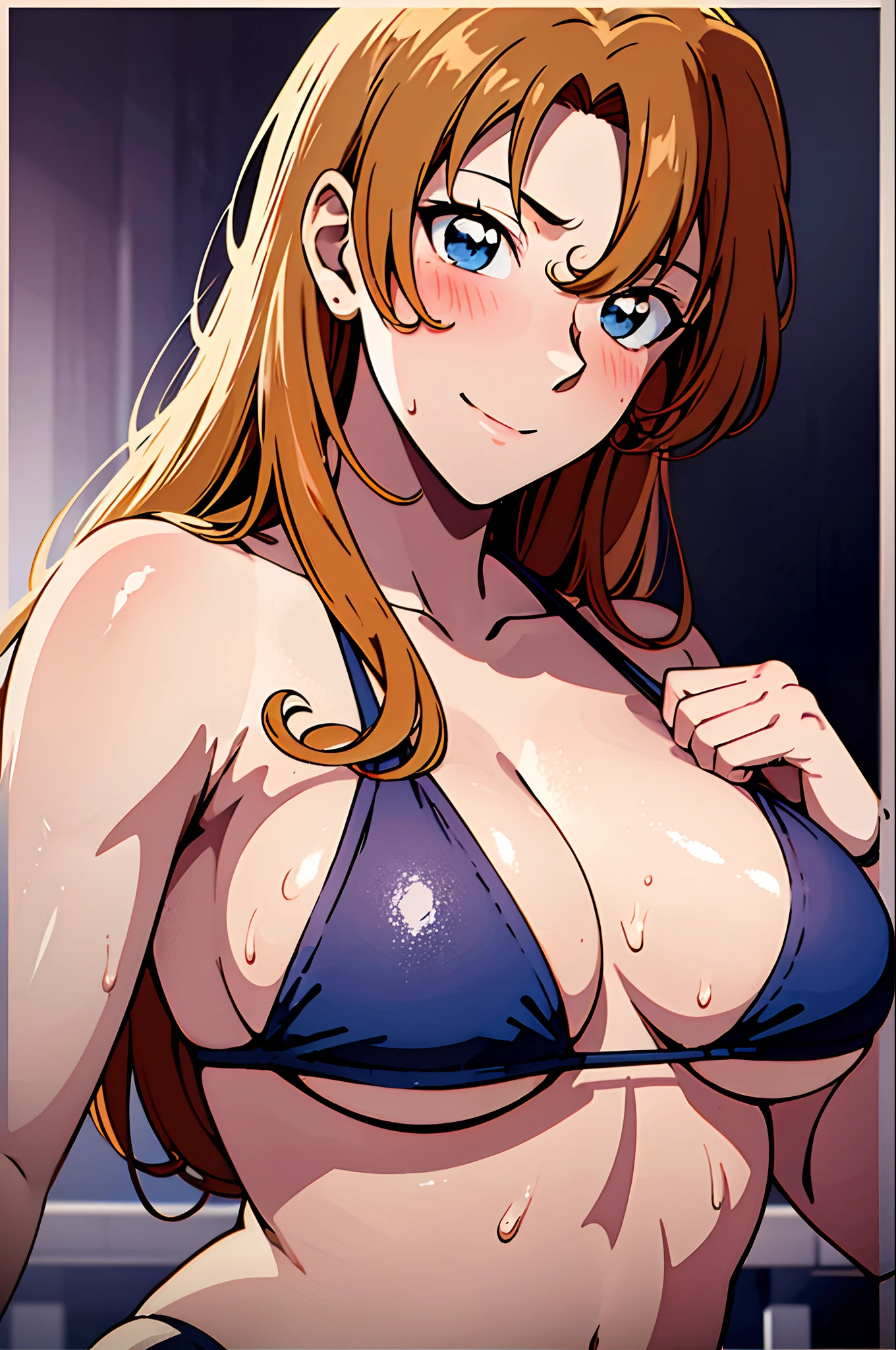 poster, anime style, hires ((wrestling ground)),  (female wrestler), (slender body, sweating, tired), mature woman, milf, (bikini, ultra detailed pro wrestling gear) victorious, gorgeous, winner, kind face, smile, closed mouth, (pale skin, shiny skin, lighting and shadow), big breasts, (only one arm stretching), long belly, closed fists, seductive,