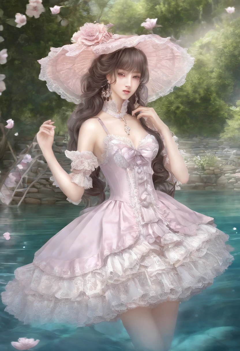 (lingerie:1.3), Takanobu Fujiwara(Takanobu Fujiwara)Digital rendering inspired by, pixiv, rococo, Victoria Gothic ta Fashion, Lolityle,lolita fon, one-piece,She is swimming in the lake,petticoat
