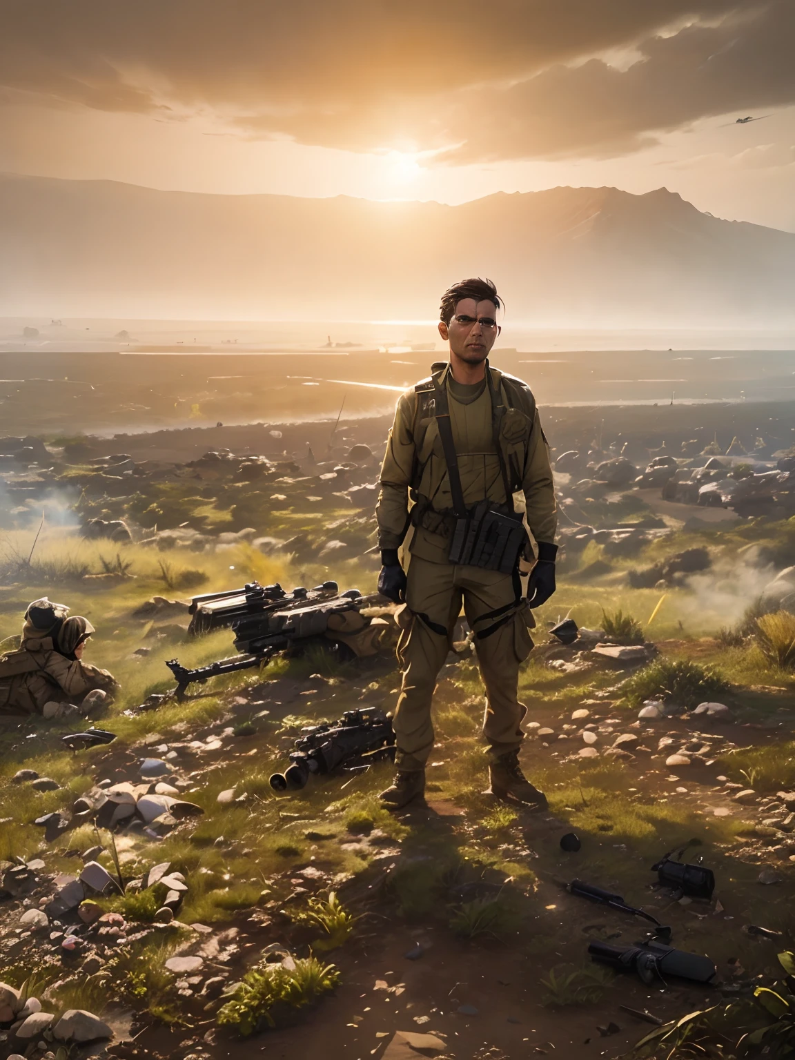 ((masterpiece)). ((best quality)), ((high res)), male focus, private military contractor, solder, mercenary, jungle camouflage battle dress uniform, cigar, aiming and firing an m16 rifle with underbarrel grenade launcher, assault rile, m16a2, m203, intense look on his face,assault vest, jungle backdrop, gritty war atmosphere --auto --s2