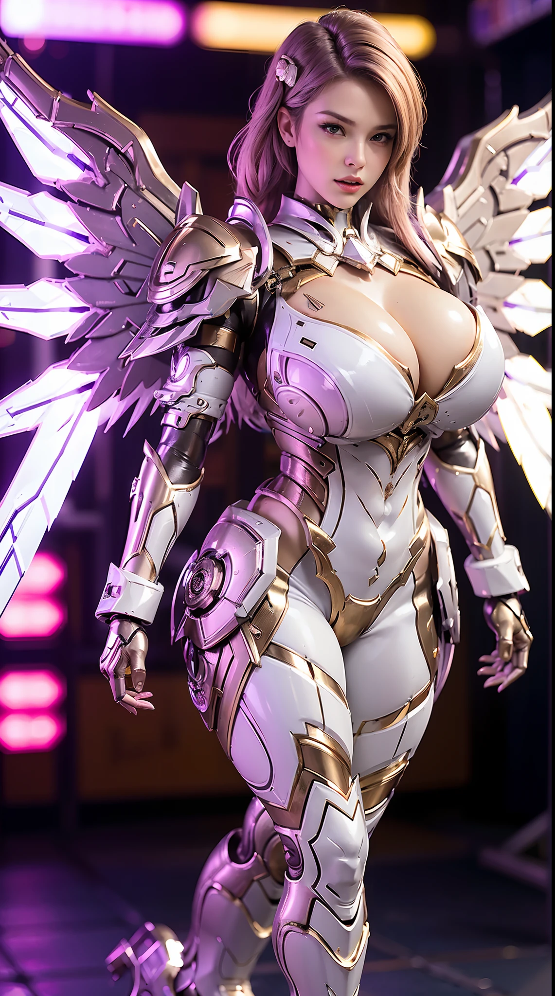 A WOMAN, BEAUTIFULL FACE, HUGE BOOBS, RGB, WHITE, GOLD, PURPLE, MECHA ARMOR FULL SUIT, (CLEAVAGE), (A PAIR LARGEST WINGS), TRANSPARANT, TALL LEGS, STANDING, SEXY BODY, MUSCLE ABS.