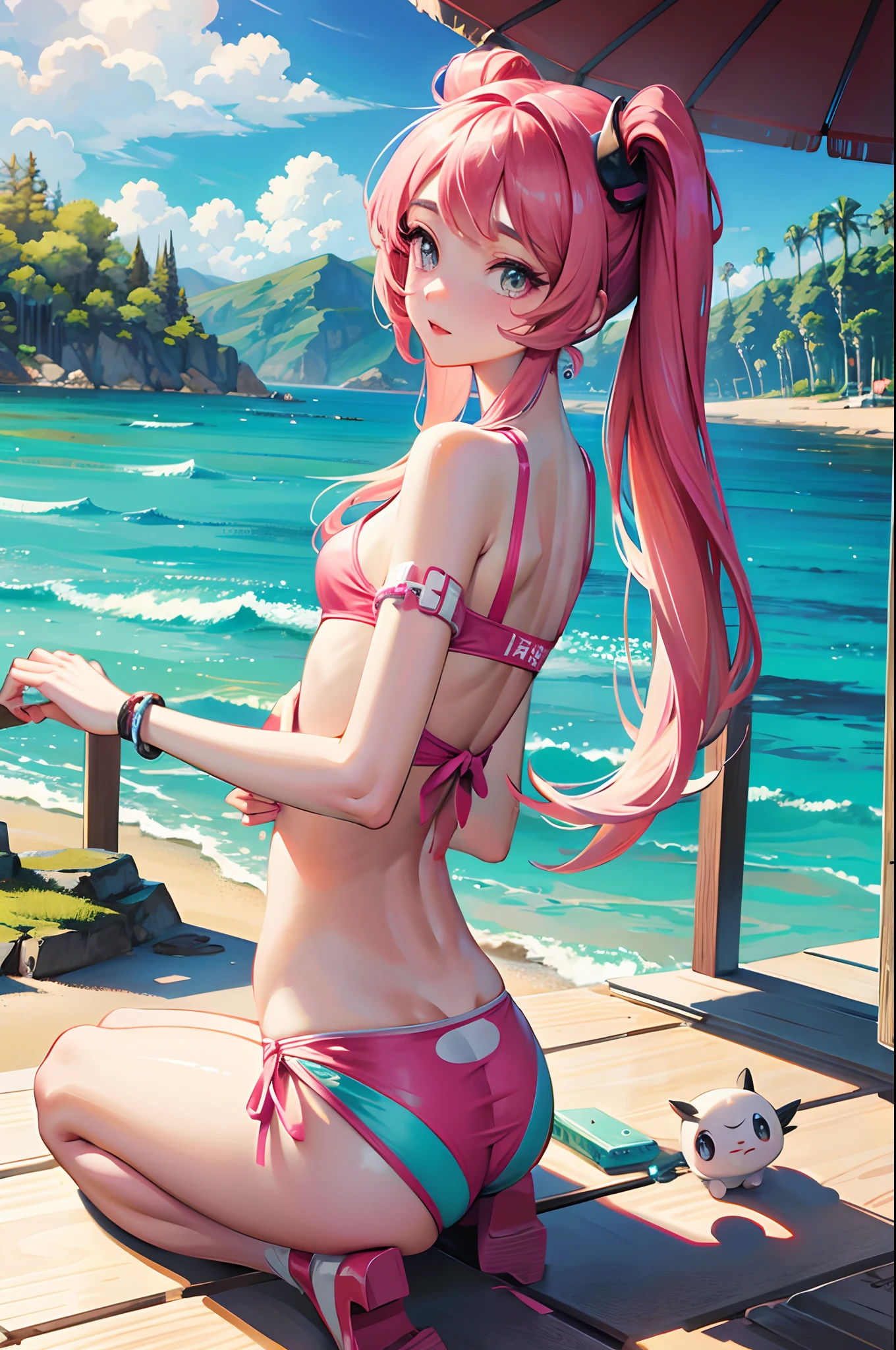 A pokemon serena sexy girl with long hair, pink bikinis, tied up